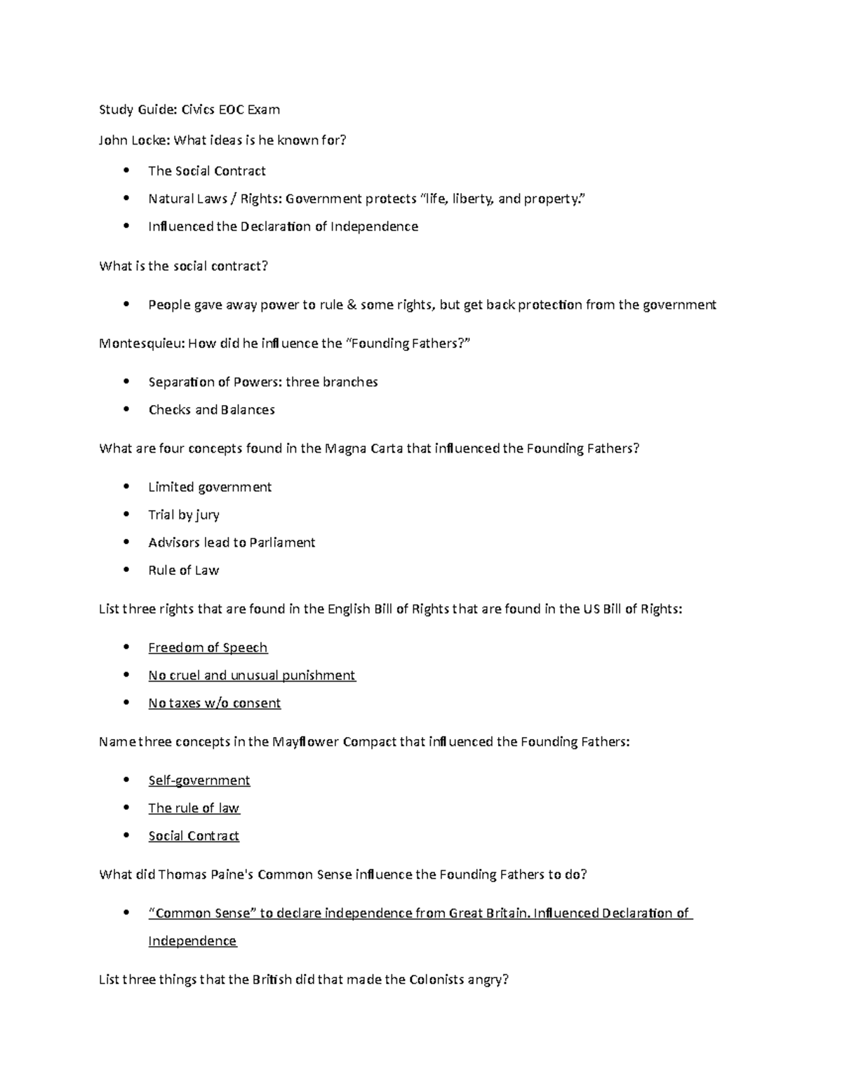 Study Guide one Answer Key - Study Guide: Civics EOC Exam John Locke ...