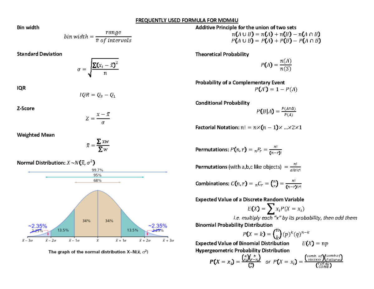 Formula Sheet And Z Score Table Mdm4u Frequently Used Formula For