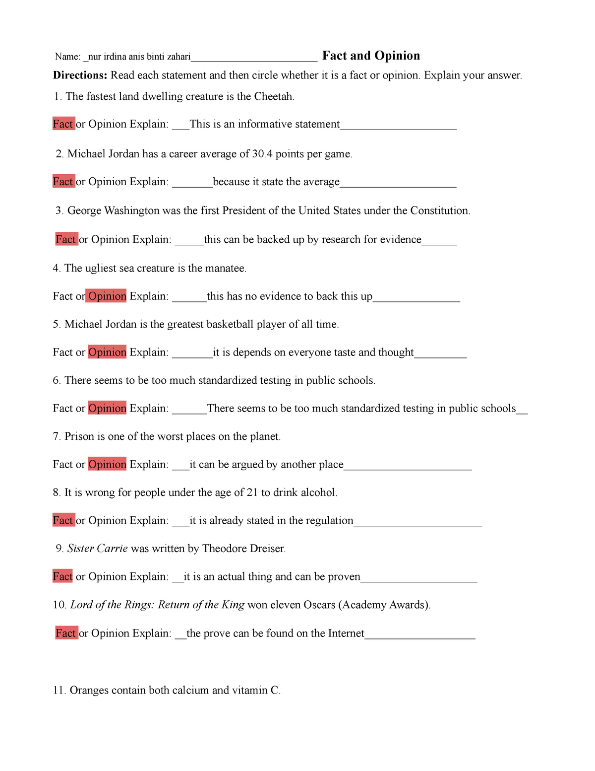 Fact And Opinion Worksheet Practice Name Nur Irdina Anis Binti Zahari Studocu