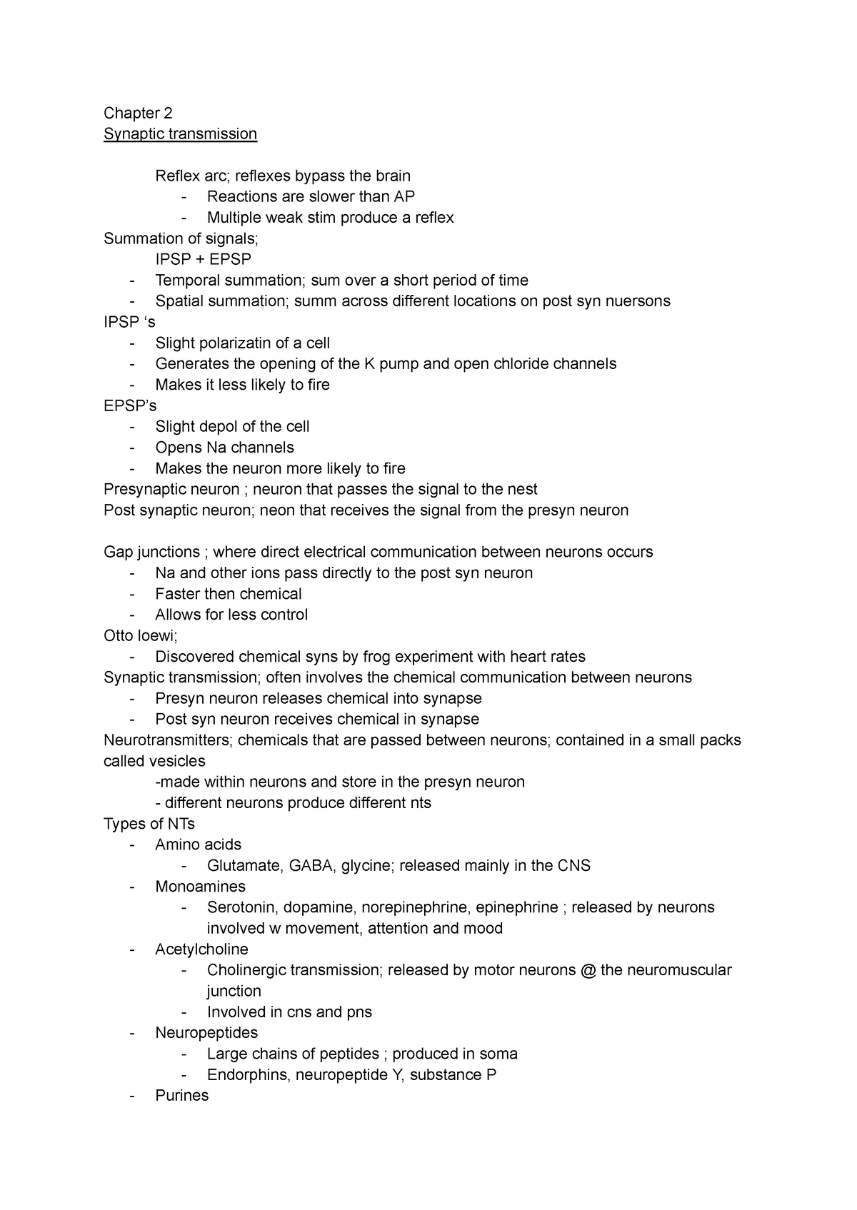 Biopsych Chapter 2 And 3 - Chapter 2 Synaptic Transmission Reflex Arc ...