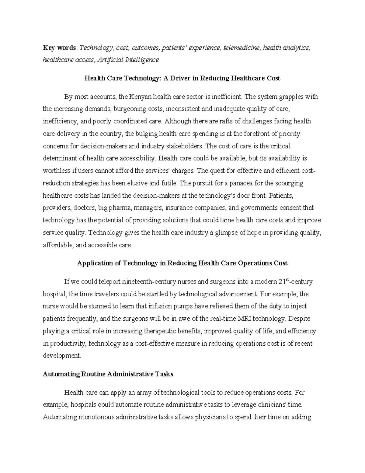 Role of health care technology in reducing cost - Key words: Technology ...