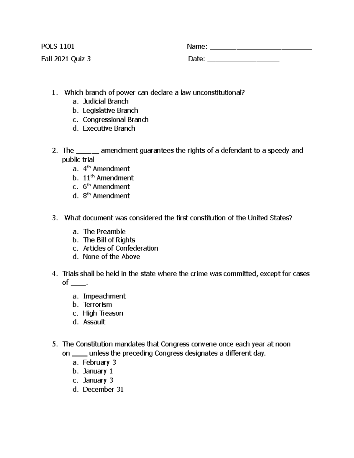 POLS 1101 Quiz 3 Fall 2021 - POLS 1101 Name ...