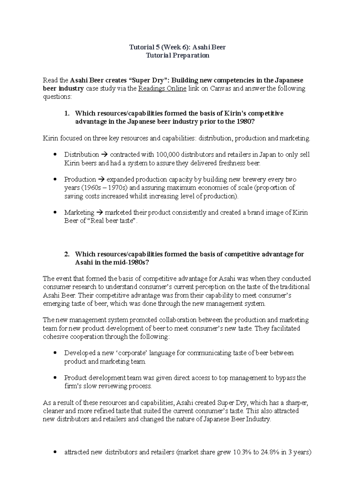 Tutorial 5 Week 6 Asahi Beer Tutorial 5 (Week 6) Asahi Beer