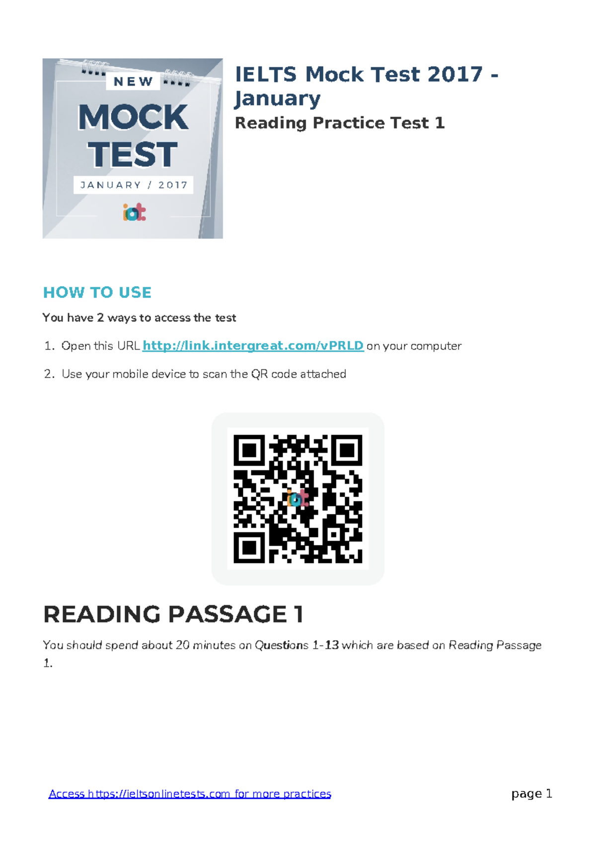 Readingpracticetest 1-v9-1867 - IELTS Mock Test 2017 - January Reading ...