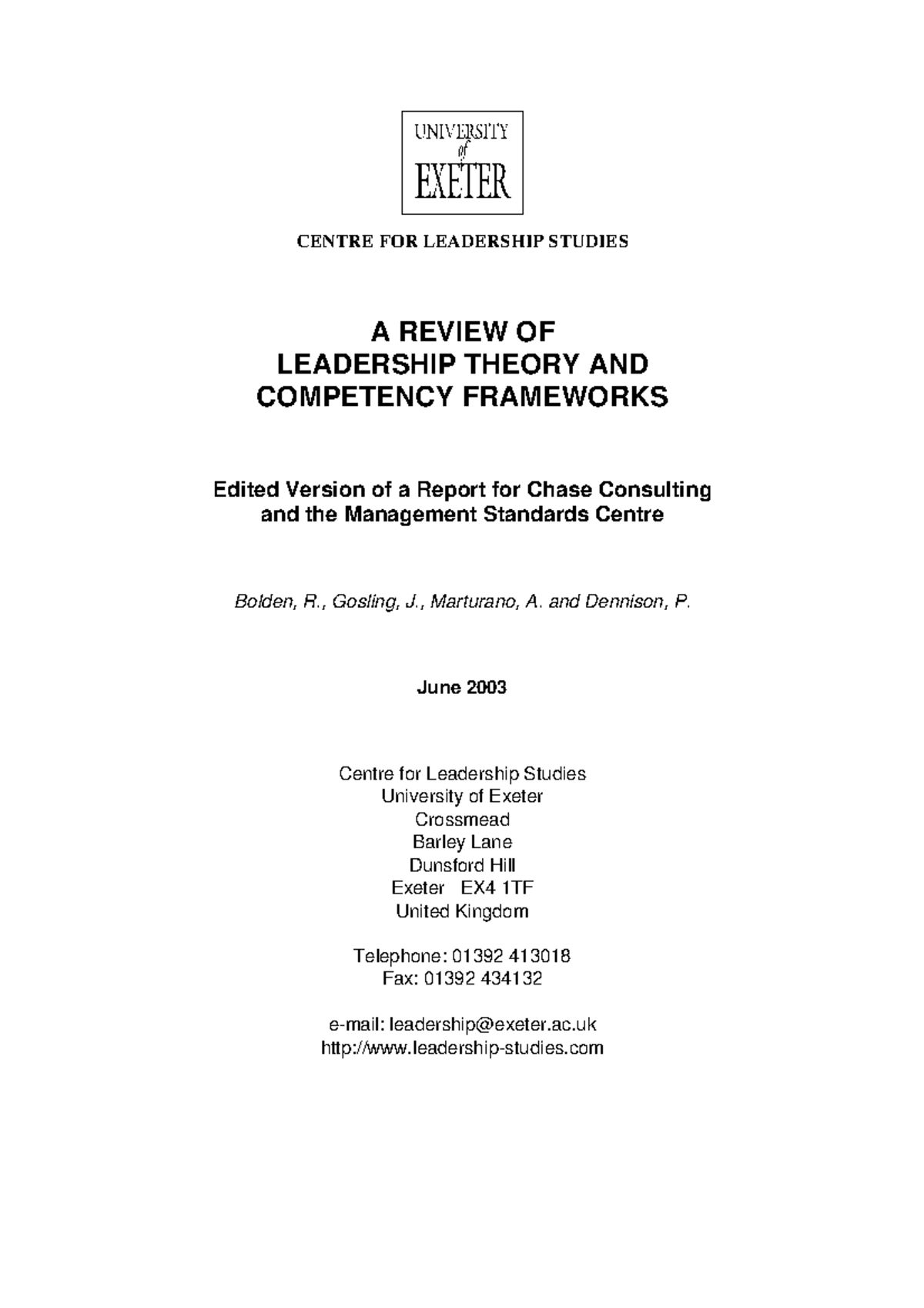 Leadership - CENTRE FOR LEADERSHIP STUDIES A REVIEW OF LEADERSHIP ...