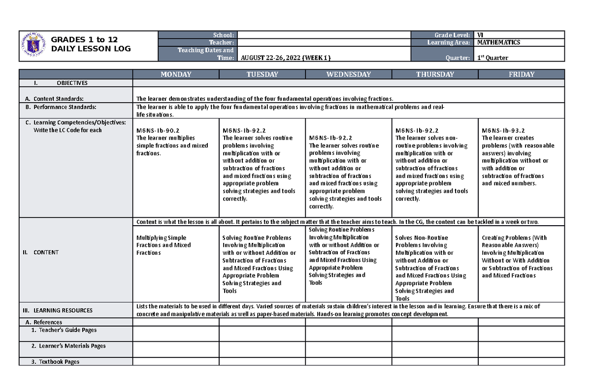 DLL Mathematics 6 Q1 W2 - Module - GRADES 1 To 12 DAILY LESSON LOG ...