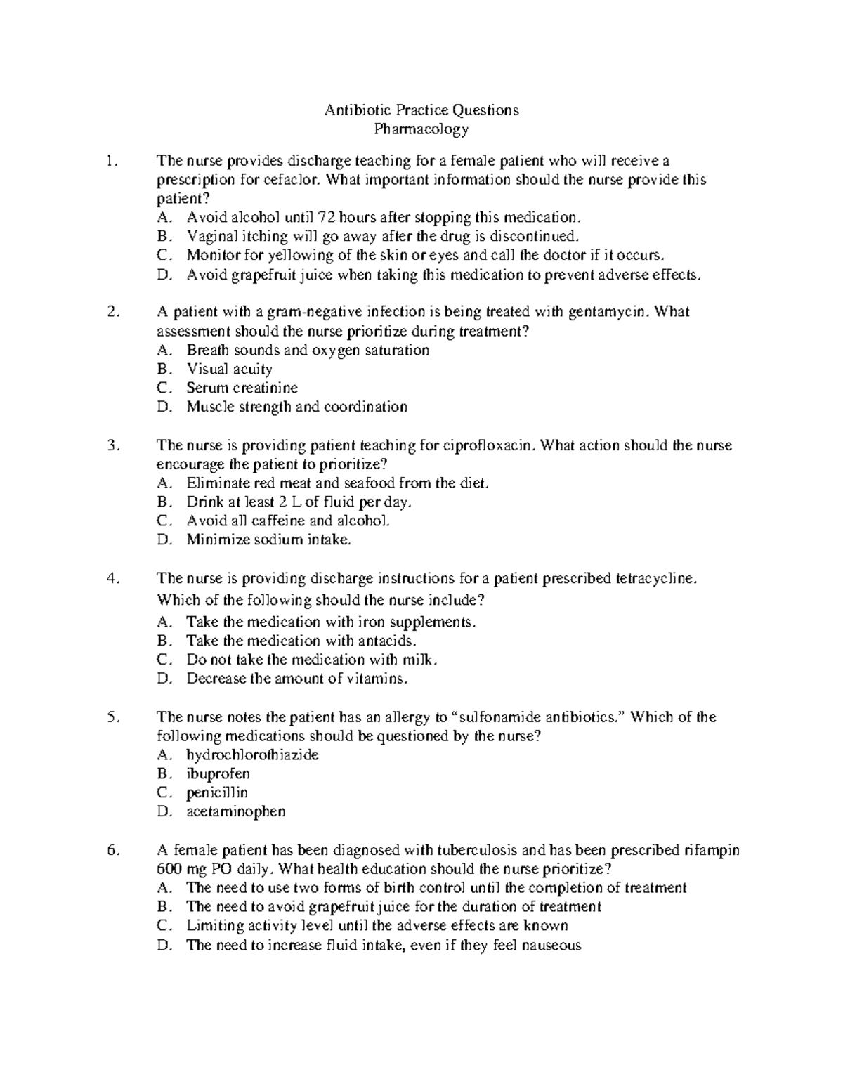 N321 Antibiotic Practice Questions Student Antibiotic Practice