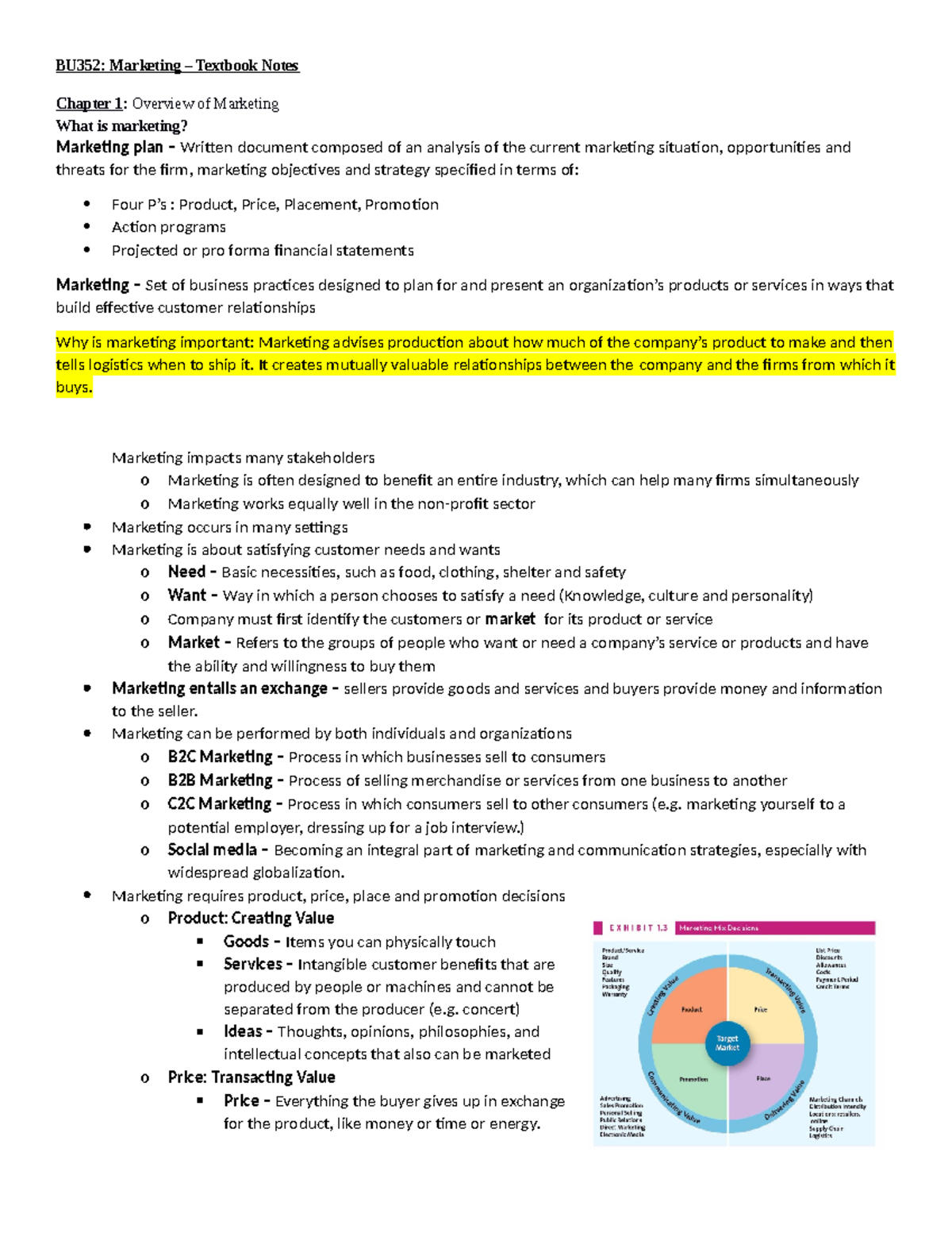 BU352 Final Course Notes - BU352: Marketing – Textbook Notes Chapter 1 ...