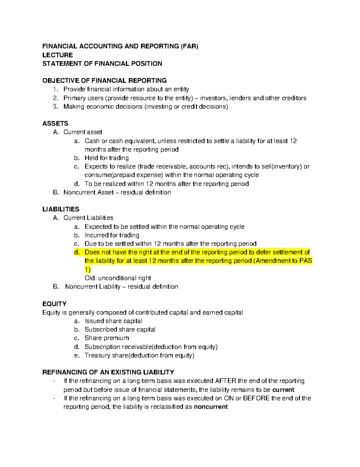 sfp statement position - Accountancy - Studocu