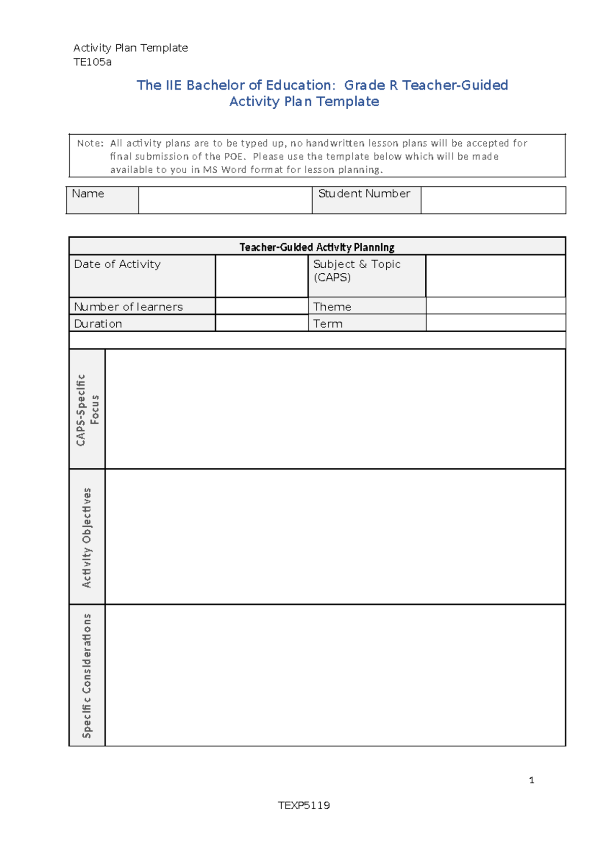 General templates - Activity Plan Template TE105a The IIE Bachelor of ...