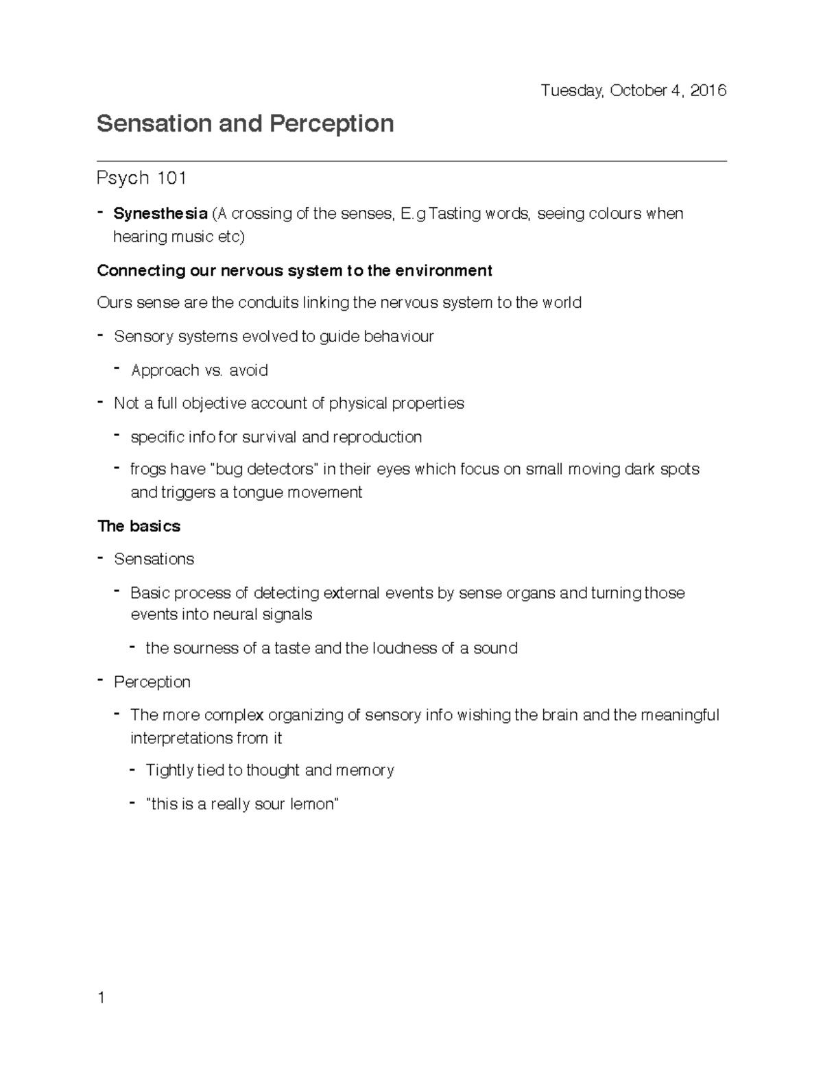 Sensation and Perception - Psych 101 - Oct 4th - Oct 6th - Sensation ...