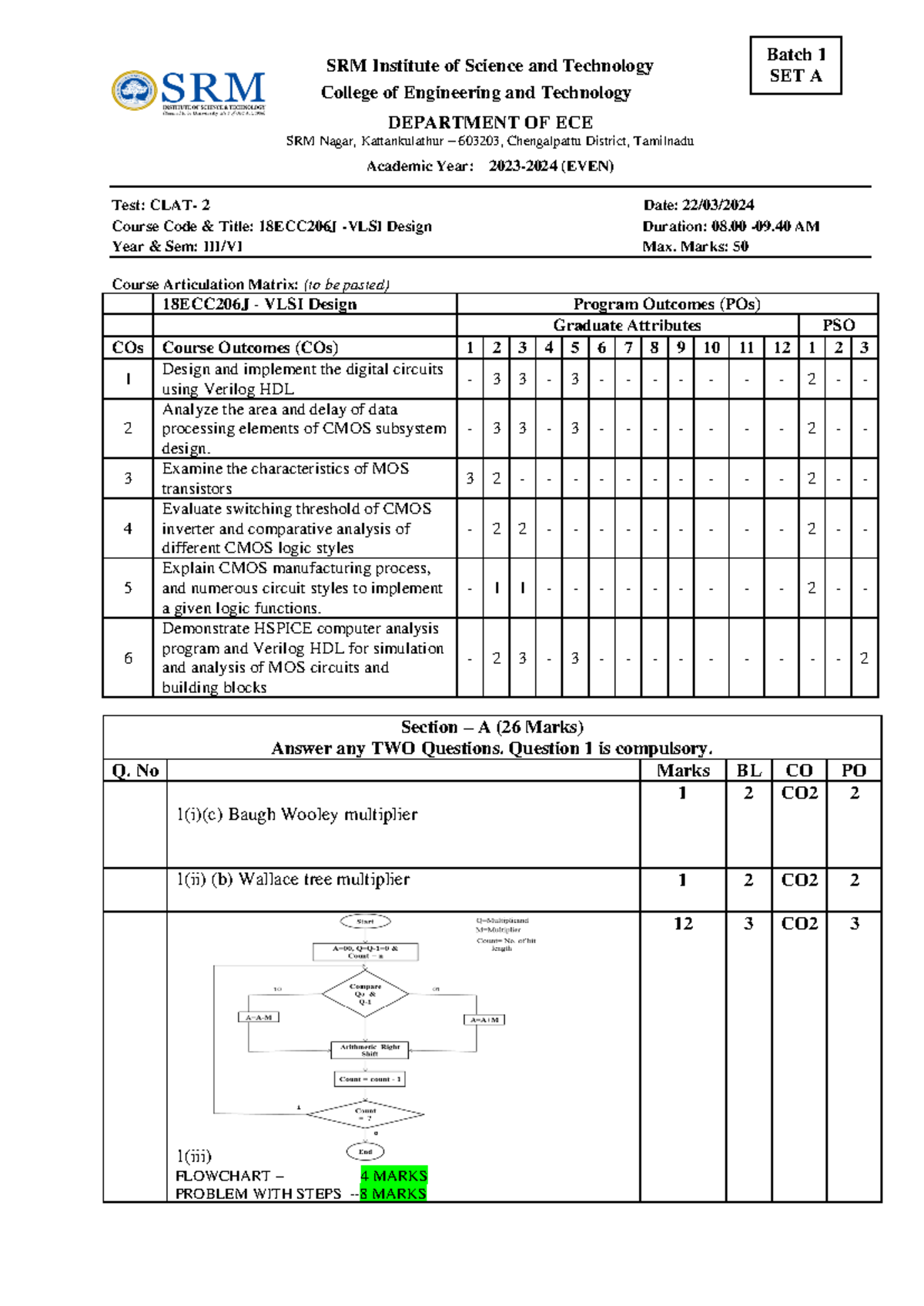 VLSI CT2 2023-2024 set A batch 1 answer key - SRM Institute of Science ...