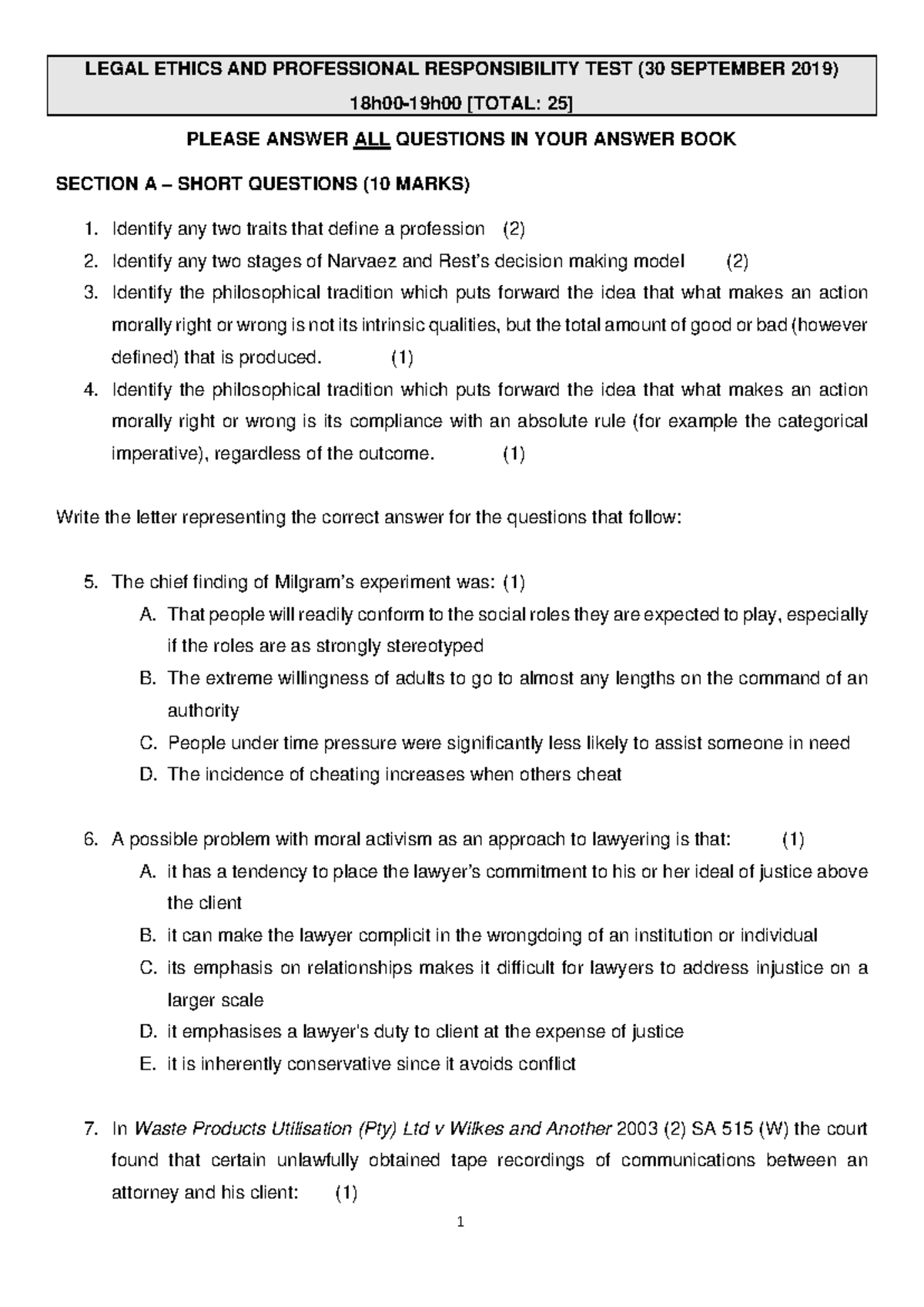 Ethics TEST 2019 - past papers to help you prepare for exam and the ...