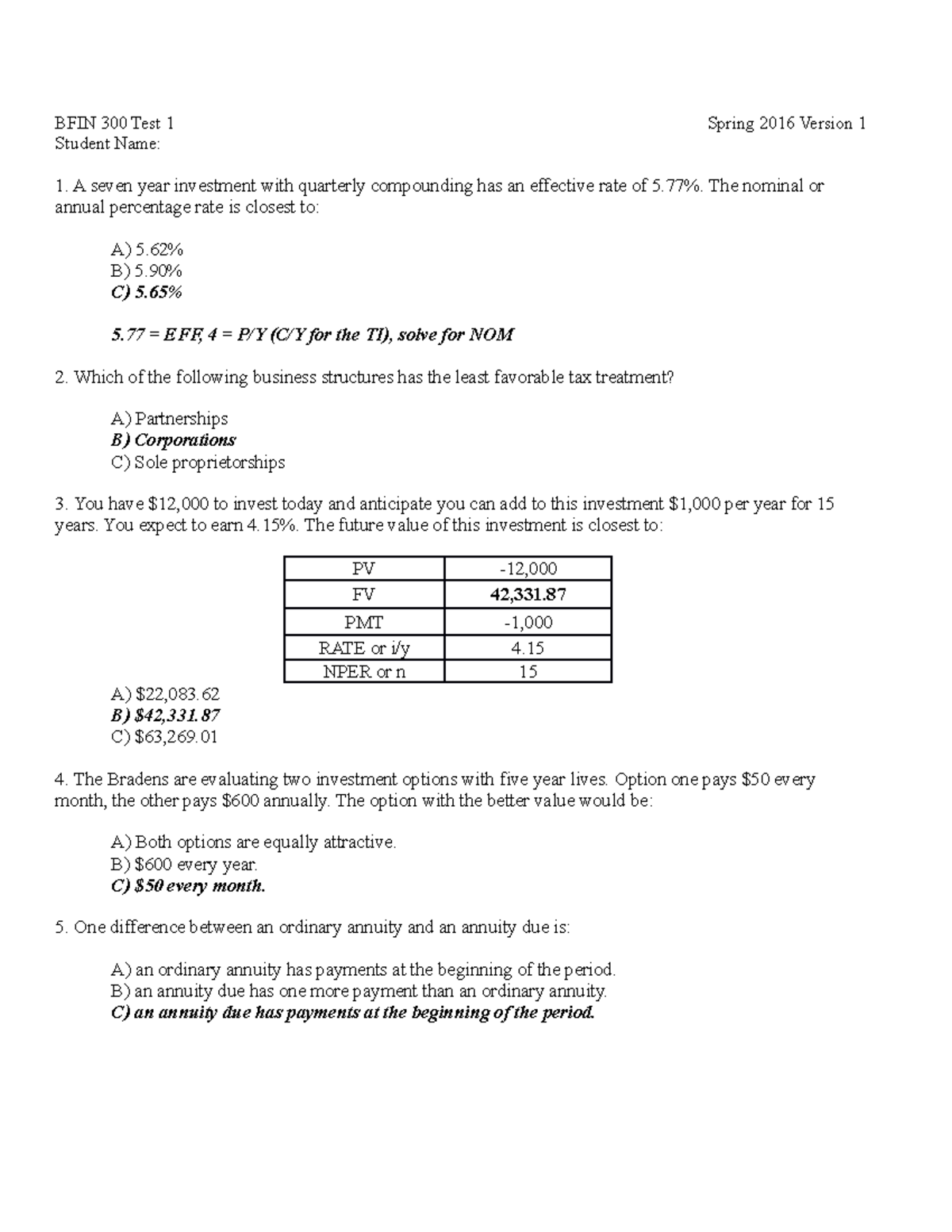 BFIN 300 SP16 Test 1 Guideline Answers - BFIN 300 Test 1 Student Name ...