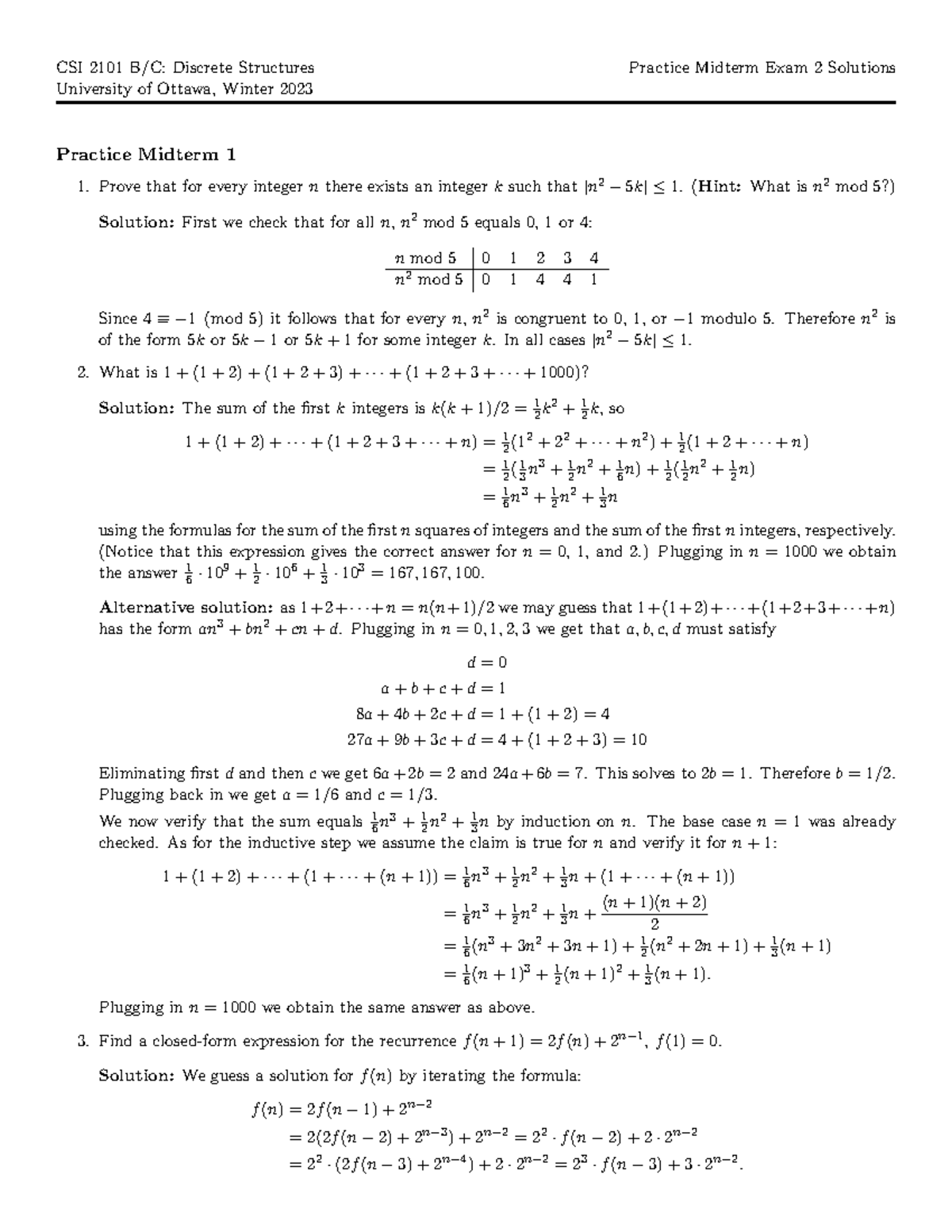 Practice Midterm 2 Solutions 2023 - CSI 2101 B/C: Discrete Structures ...