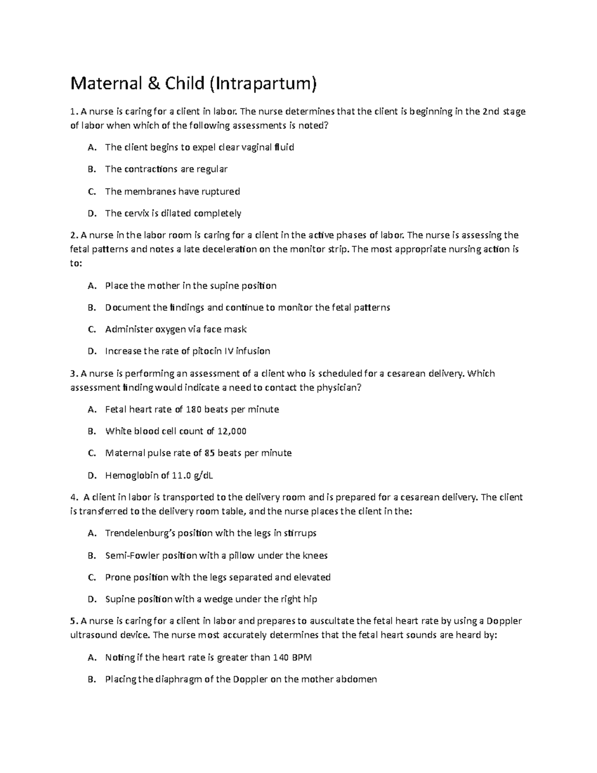Maternal-Child (Intrapartum) - Test Bank - Maternal & Child ...