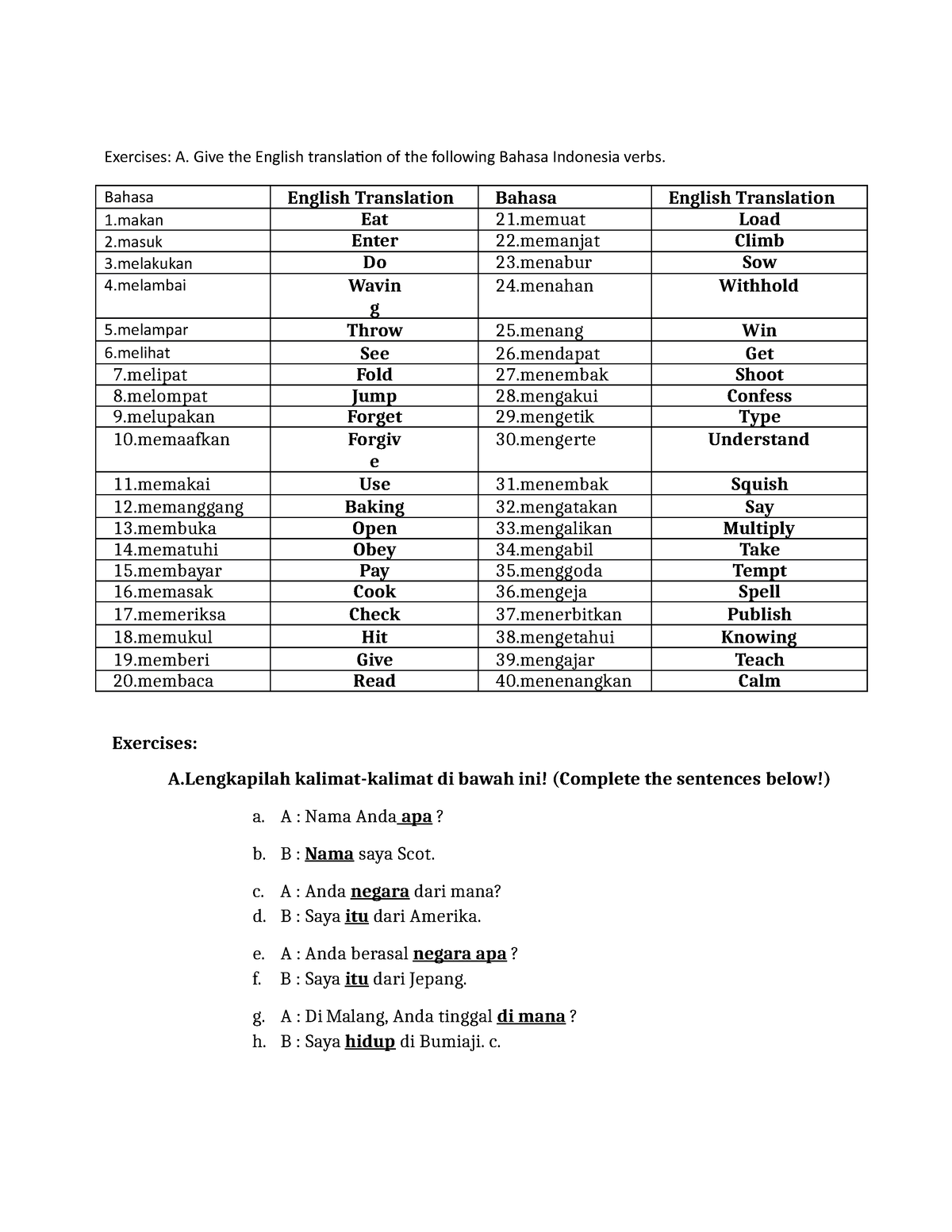 Foreign Langauge ACT 2&3 - Exercises: A. Give the English translation ...