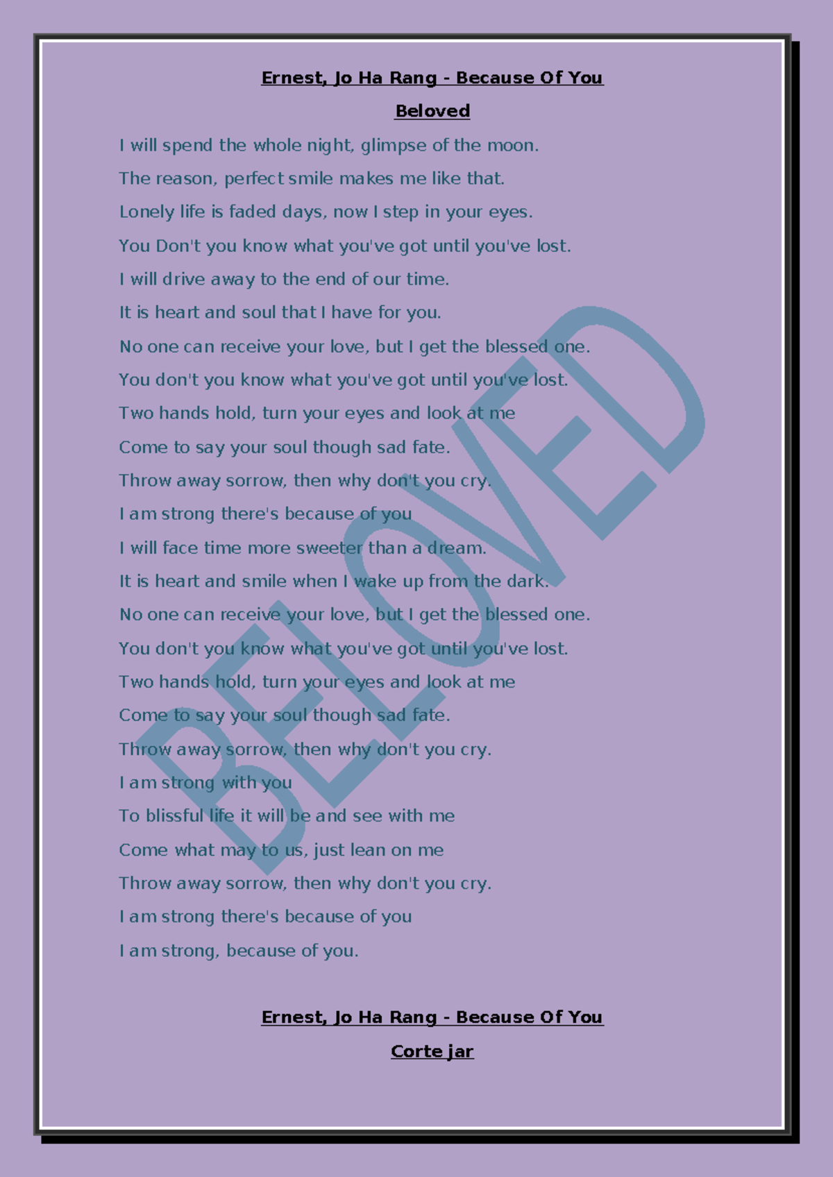 Letra de musicas - Ernest, Jo Ha Rang - Because Of You Beloved I will ...