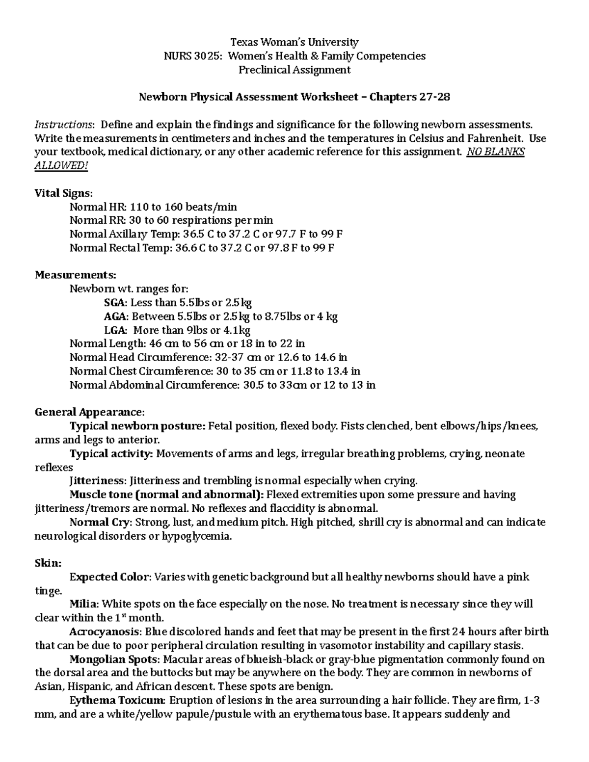 Womens Health PreClinical Newborn Assessment Texas Woman’s