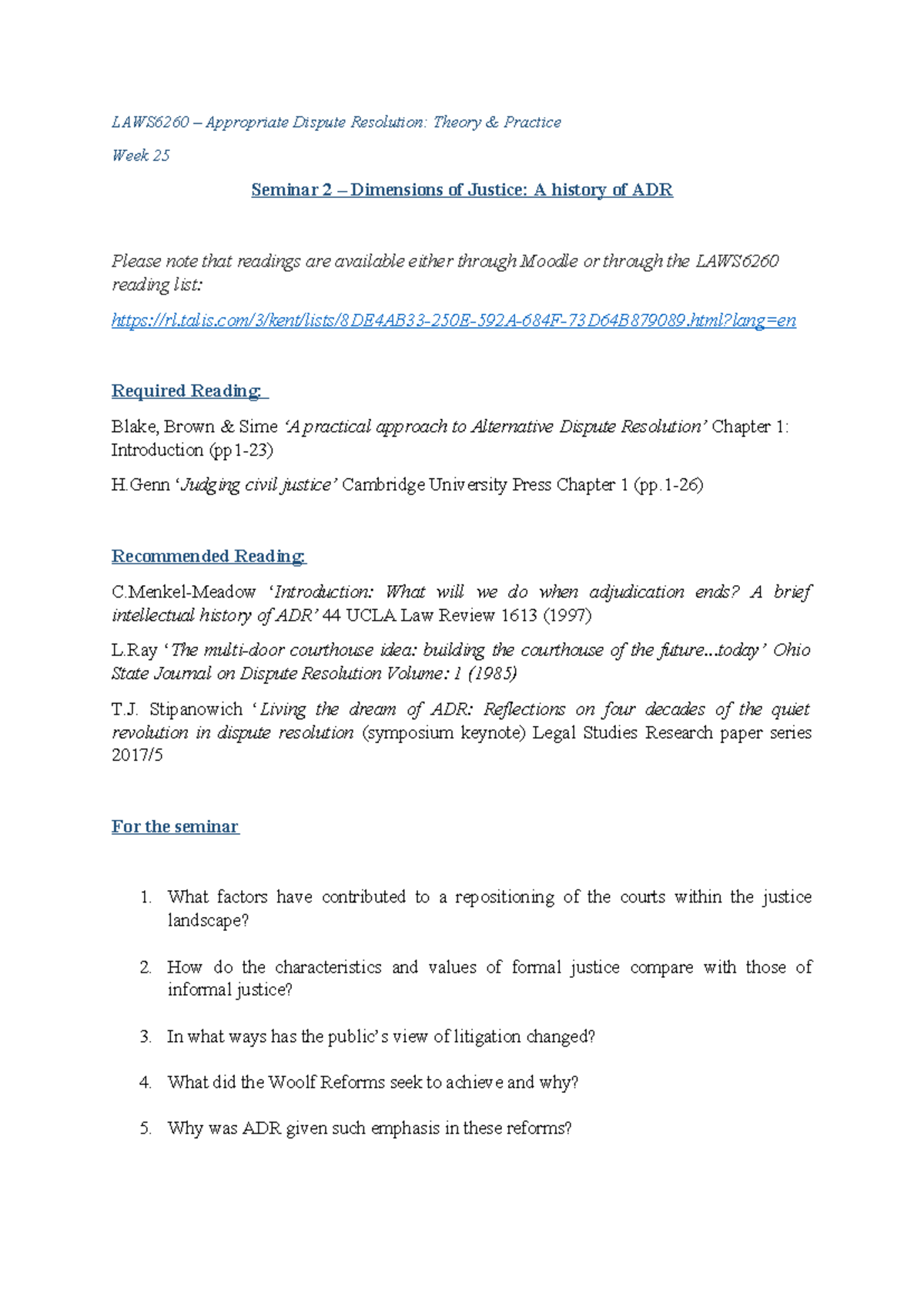 Seminar 2 2024 - LAWS6260 – Appropriate Dispute Resolution: Theory ...