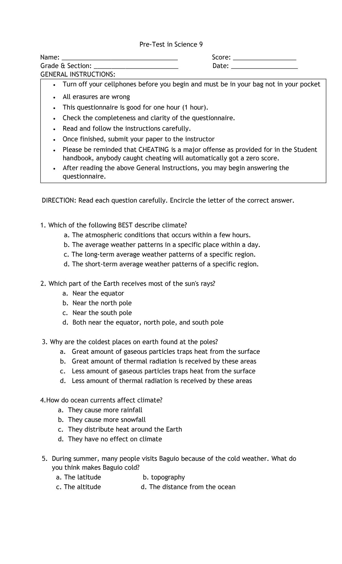 Pregrade-9-3 - Pre-Test in Science 9 Name ...