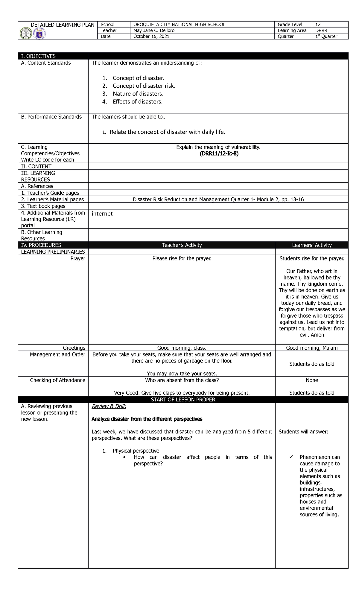 Meg COT 1 DRRR Grade 12 - NONE - DETAILED LEARNING PLAN School ...