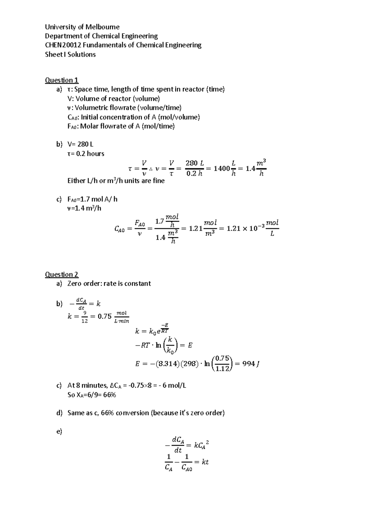 Tutorial I Solutions - Department of Chemical Engineering CHEN20012 ...