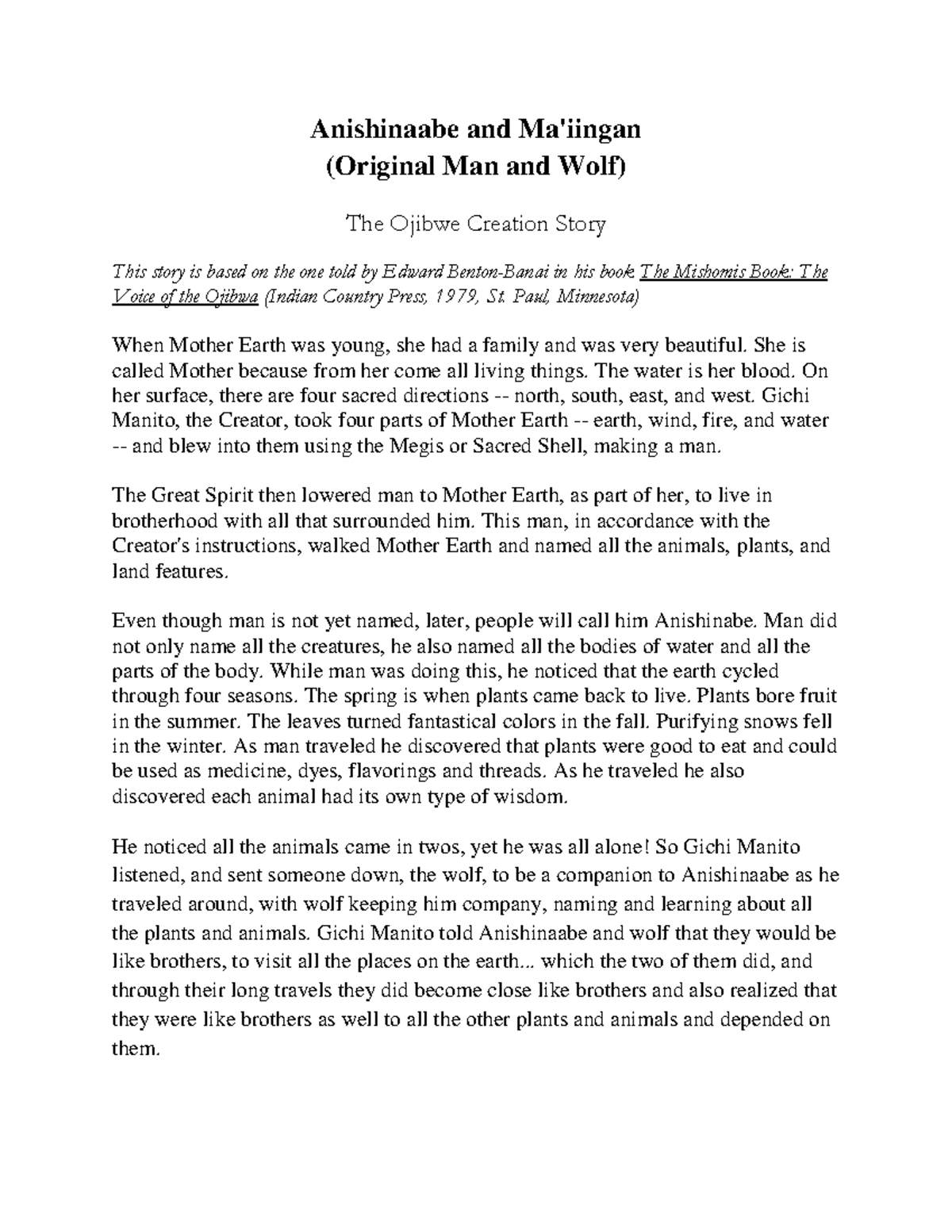 Ojibwe Creation Story-1 - Anishinaabe And Ma'iingan (Original Man And ...