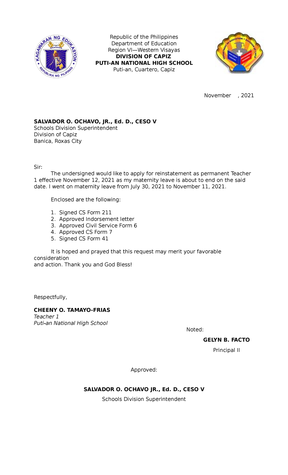 Reinstatement Sample Format Republic Of The Philippines Department   Thumb 1200 1976 