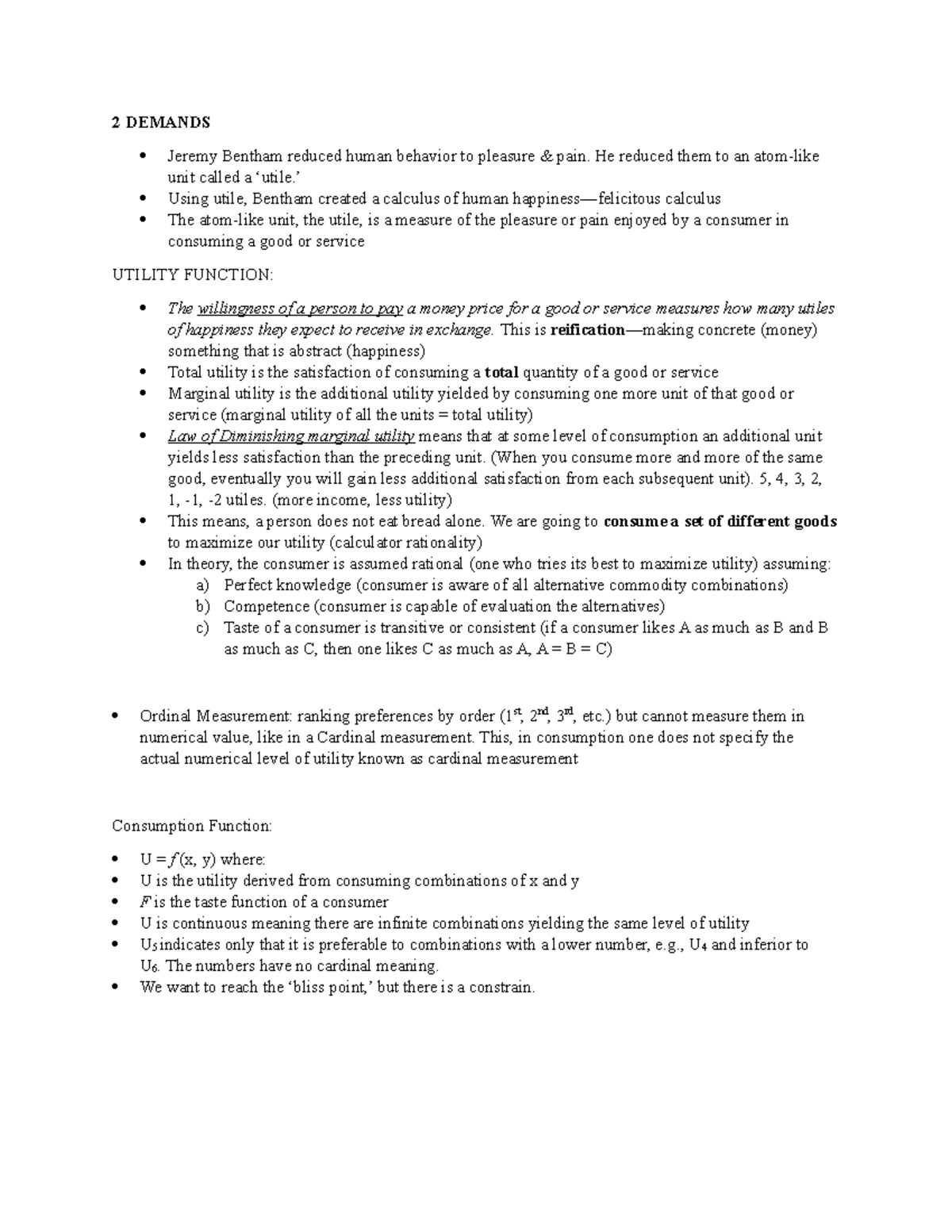 Demand - Harry Chartrand Lecture Notes - 2 DEMANDS Jeremy Bentham ...