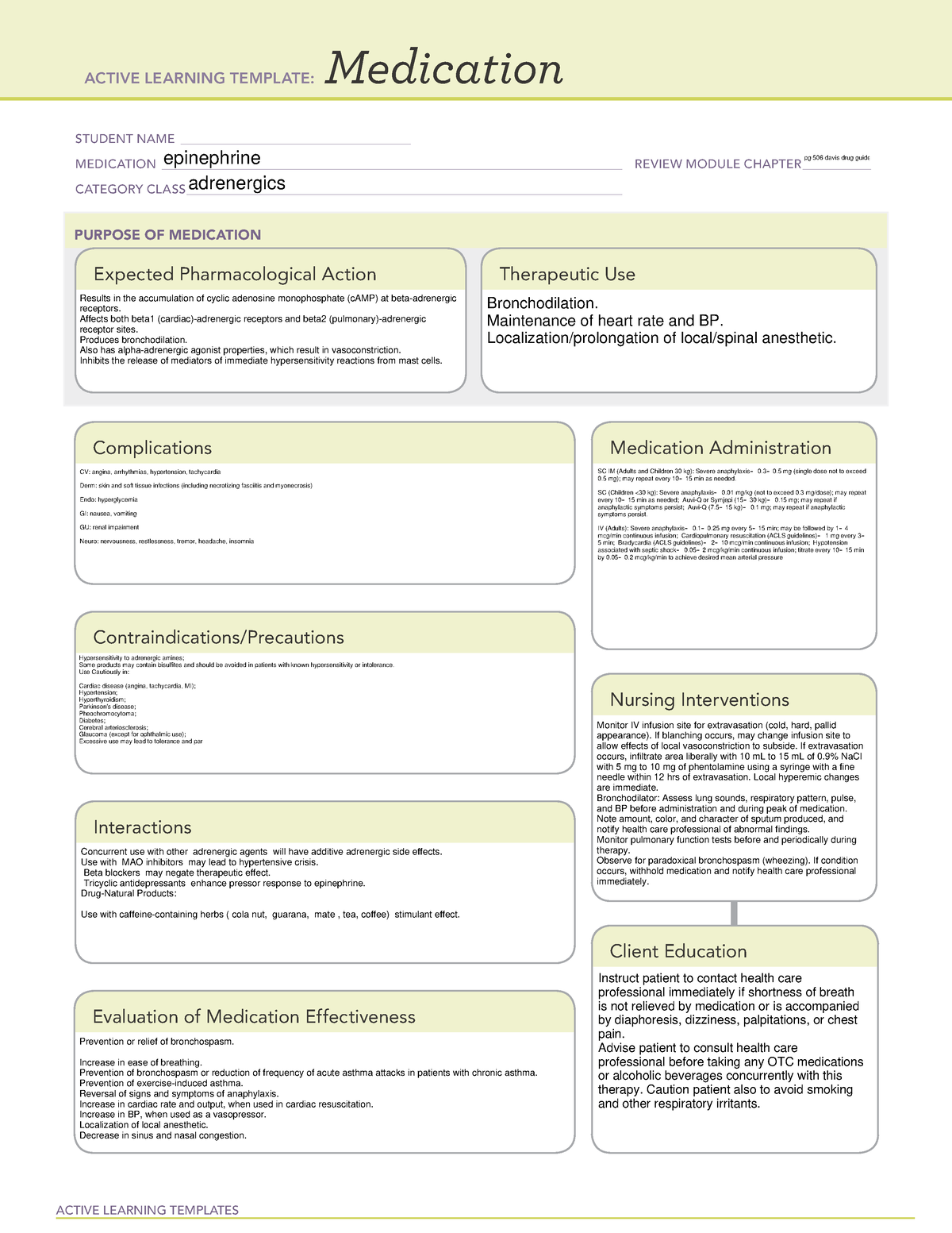 Epinephrine med template ACTIVE LEARNING TEMPLATES Medication