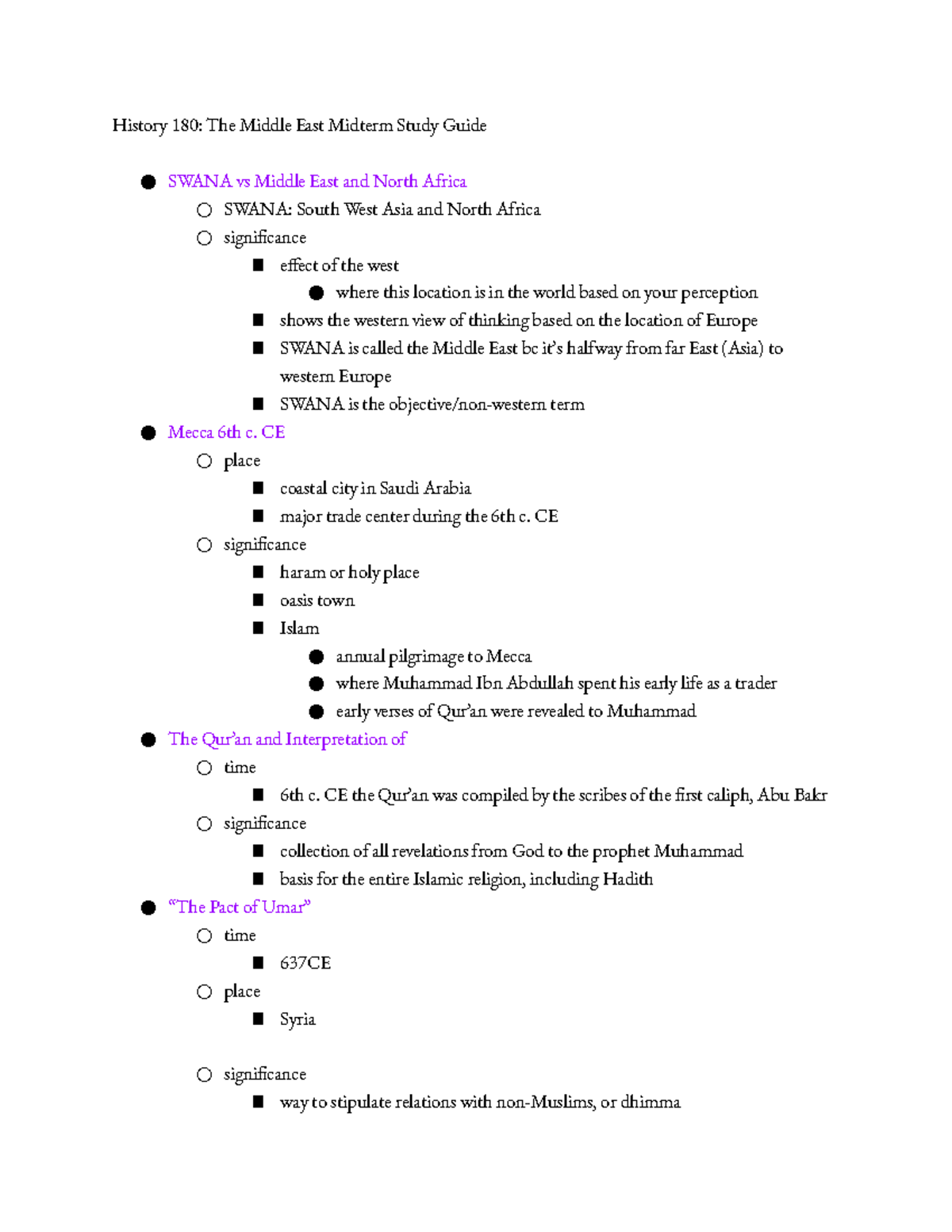 Hist 180 Midterm Study Guide - History 180: The Middle East Midterm ...