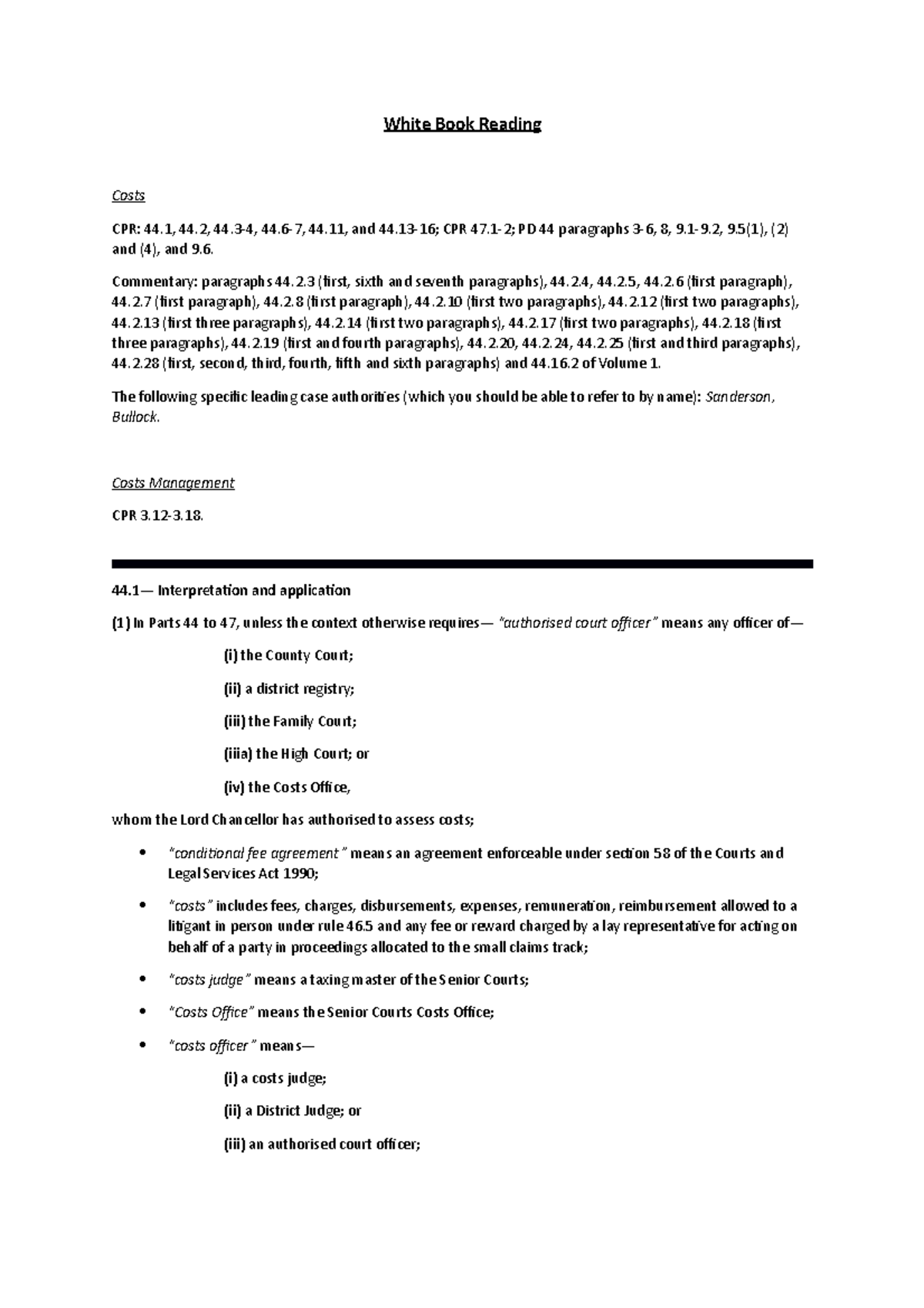 White Book Reading White Book Reading Costs CPR 44, 44, 444, 447