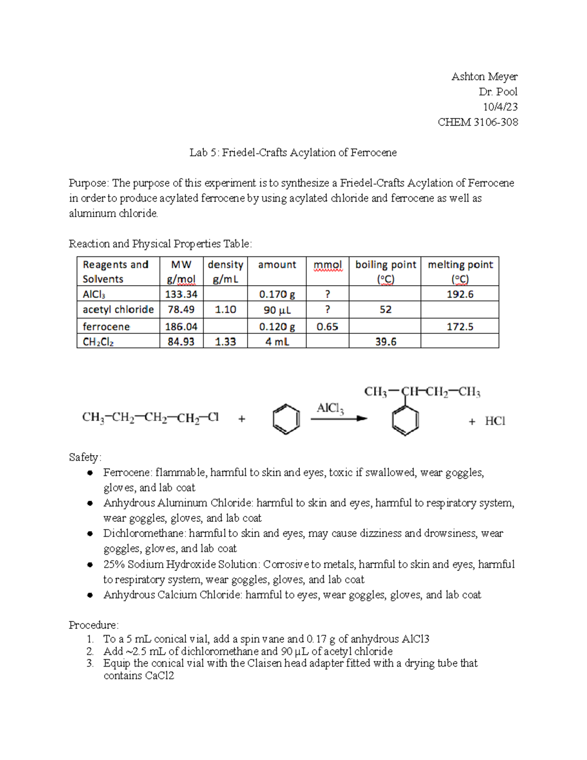 Lab 5 Friedel-Crafts Acylation of Ferrocene - Ashton Meyer Dr. Pool 10 ...