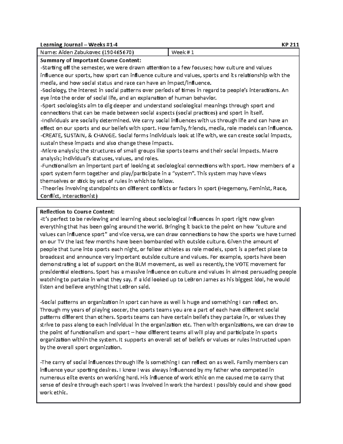 Learning Journal Weeks 1-4 - Learning Journal – Weeks #1-4 KP 211 Name ...