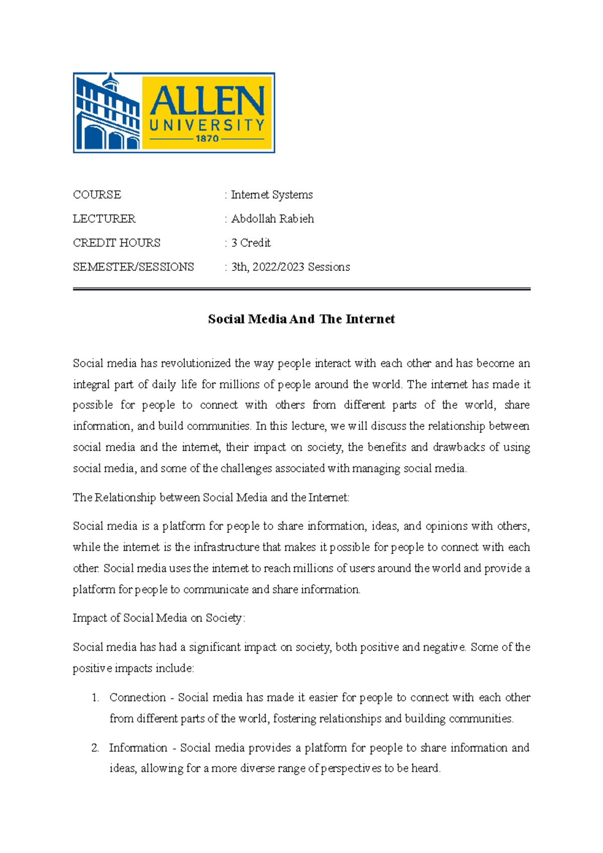 Social Media And The Internet Internet Systems - COURSE : Internet ...