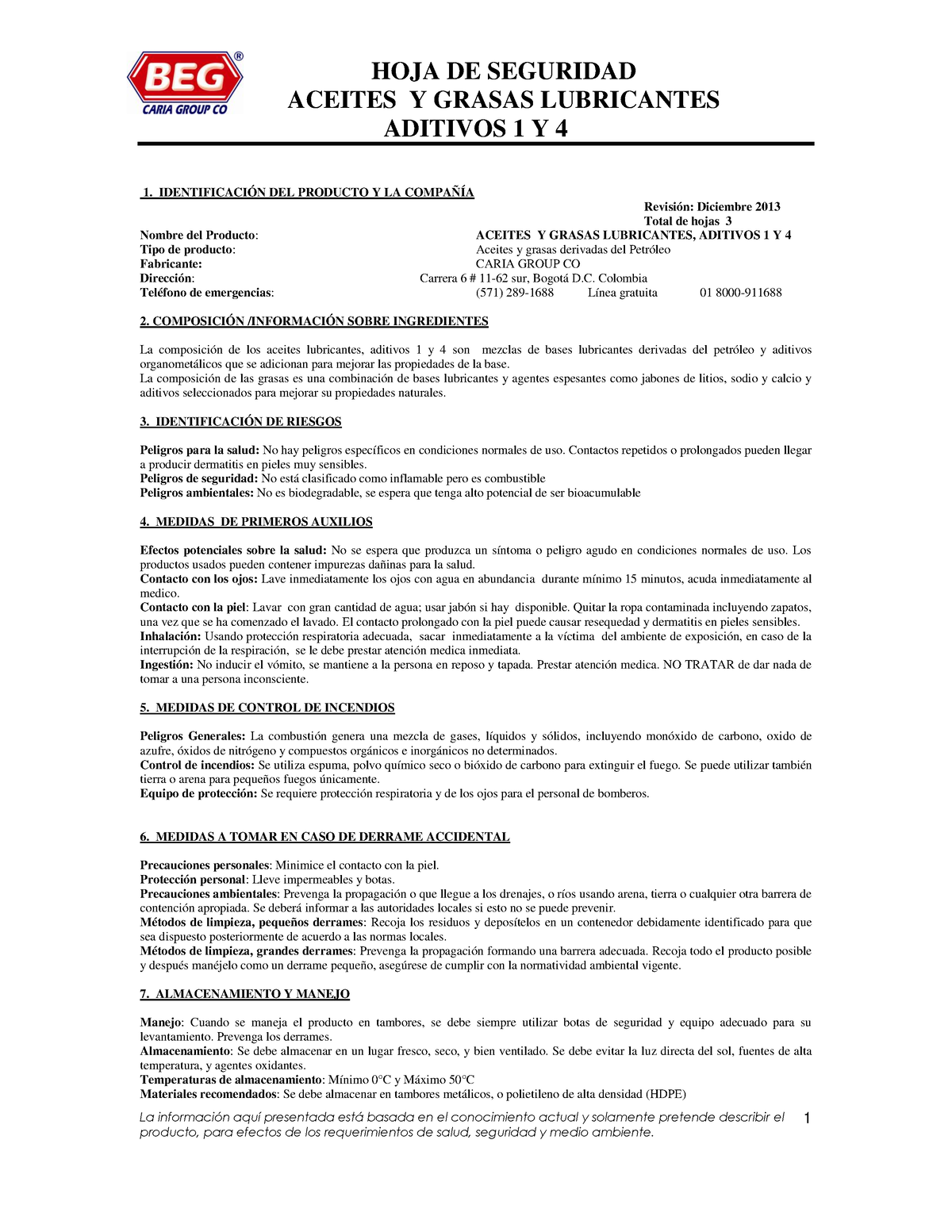 Hoja Seguridad Aceites Y Grasas Lubricantes Aditivos 1 Y 4 Hoja De Seguridad Aceites Y Grasas 6428