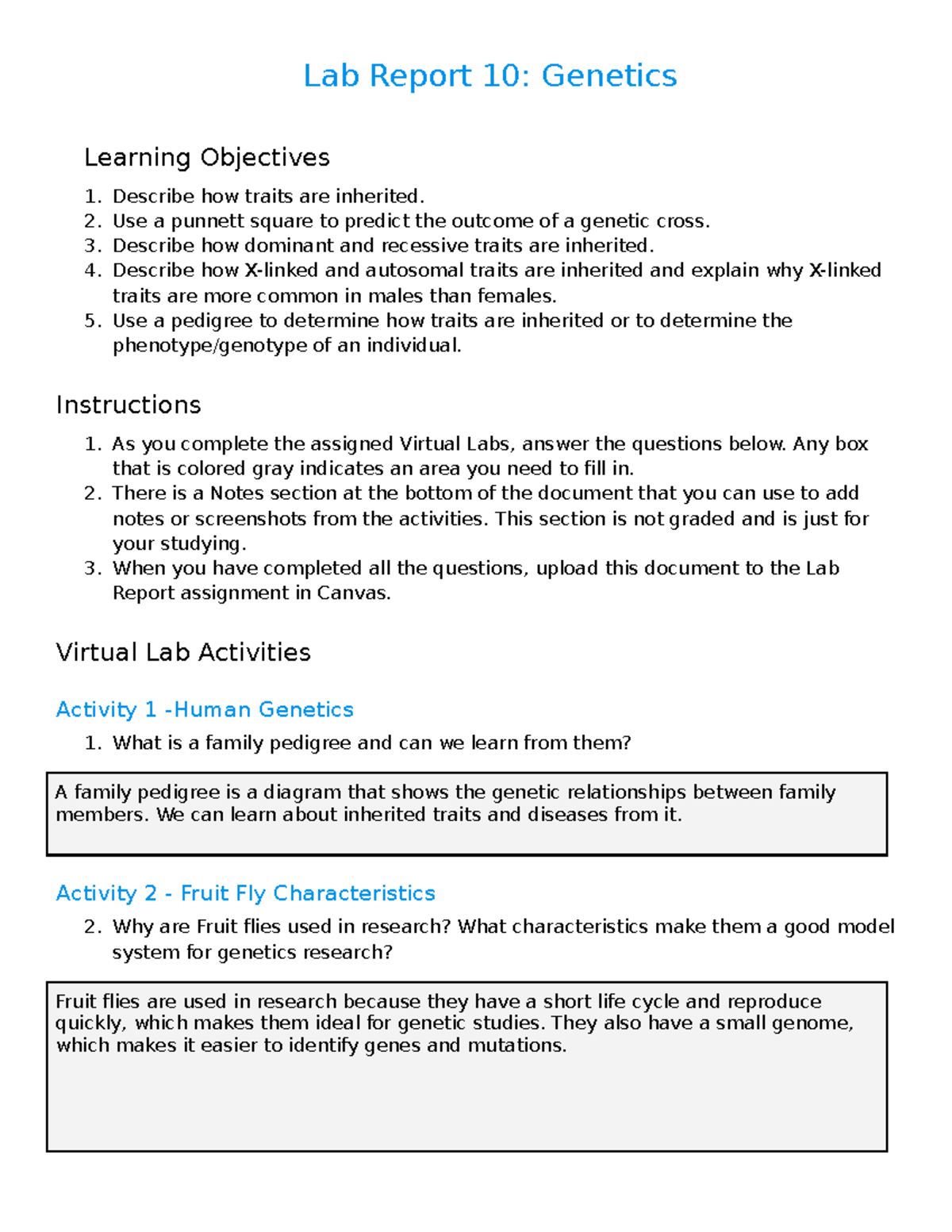 Lab Report 10 - Genetics - Learning Objectives 1. Describe how traits ...