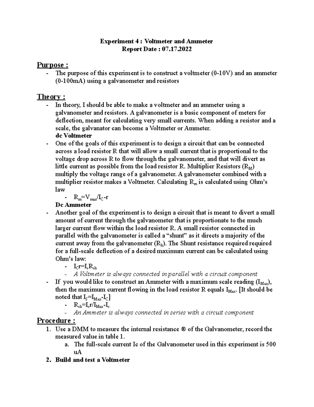 Experiment 4 Voltmeter and Ammeter Experiment 4 Voltmeter and