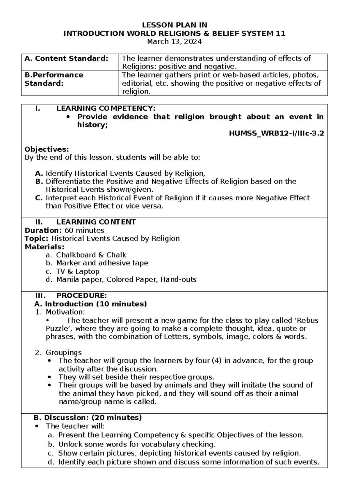Lesson Plan Historical Events Caused by Religion LESSON PLAN IN