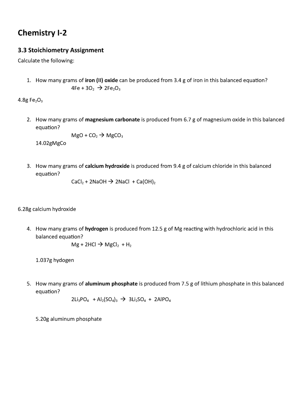 introduction to stoichiometry assignment active