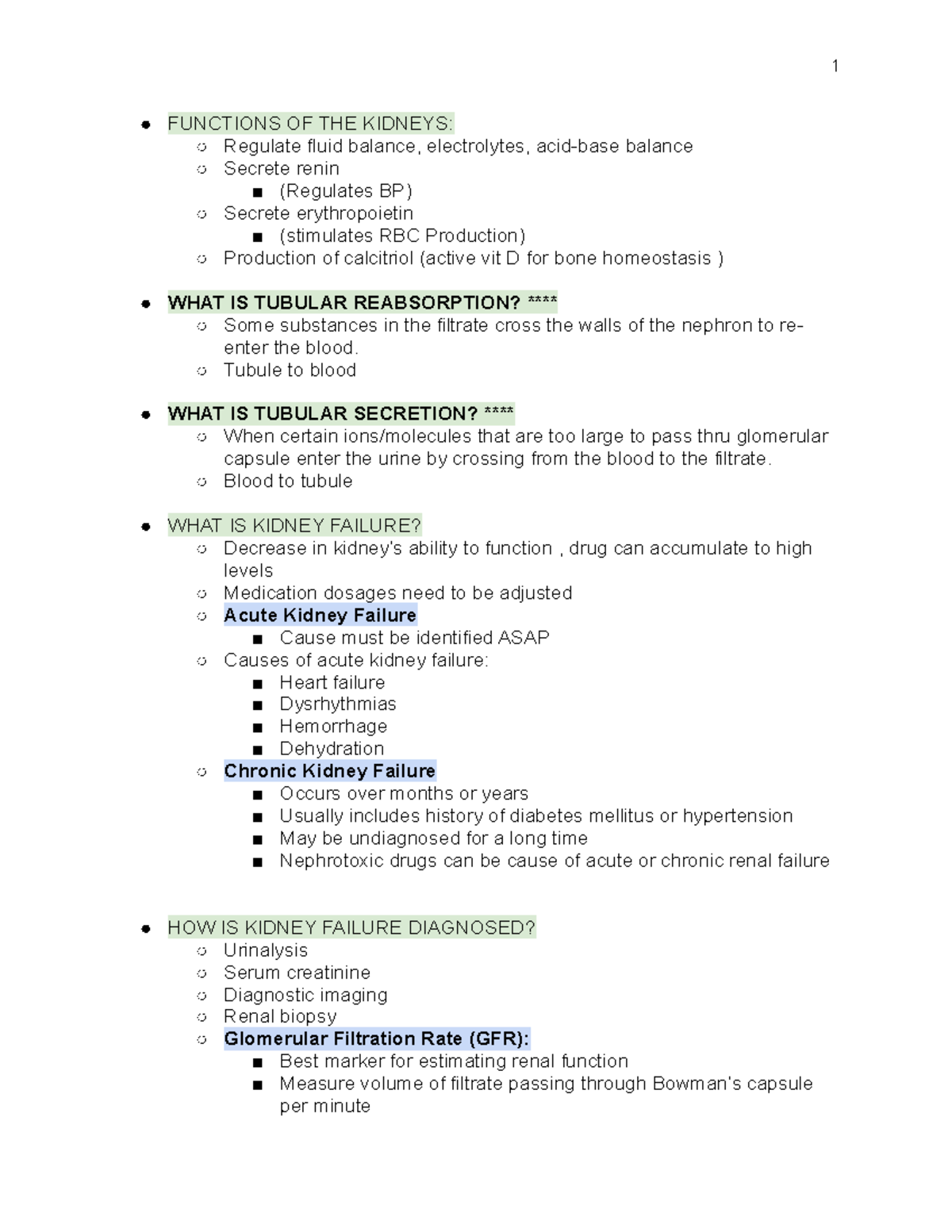 Pharm exam 2 - n/a - FUNCTIONS OF THE KIDNEYS: Regulate fluid balance ...