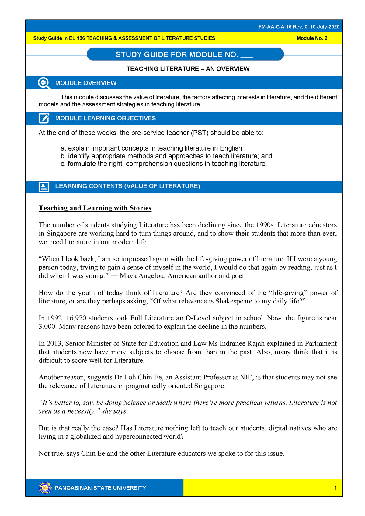 Study Guide In El106 Teaching Of Assessment And Literature Studies ...