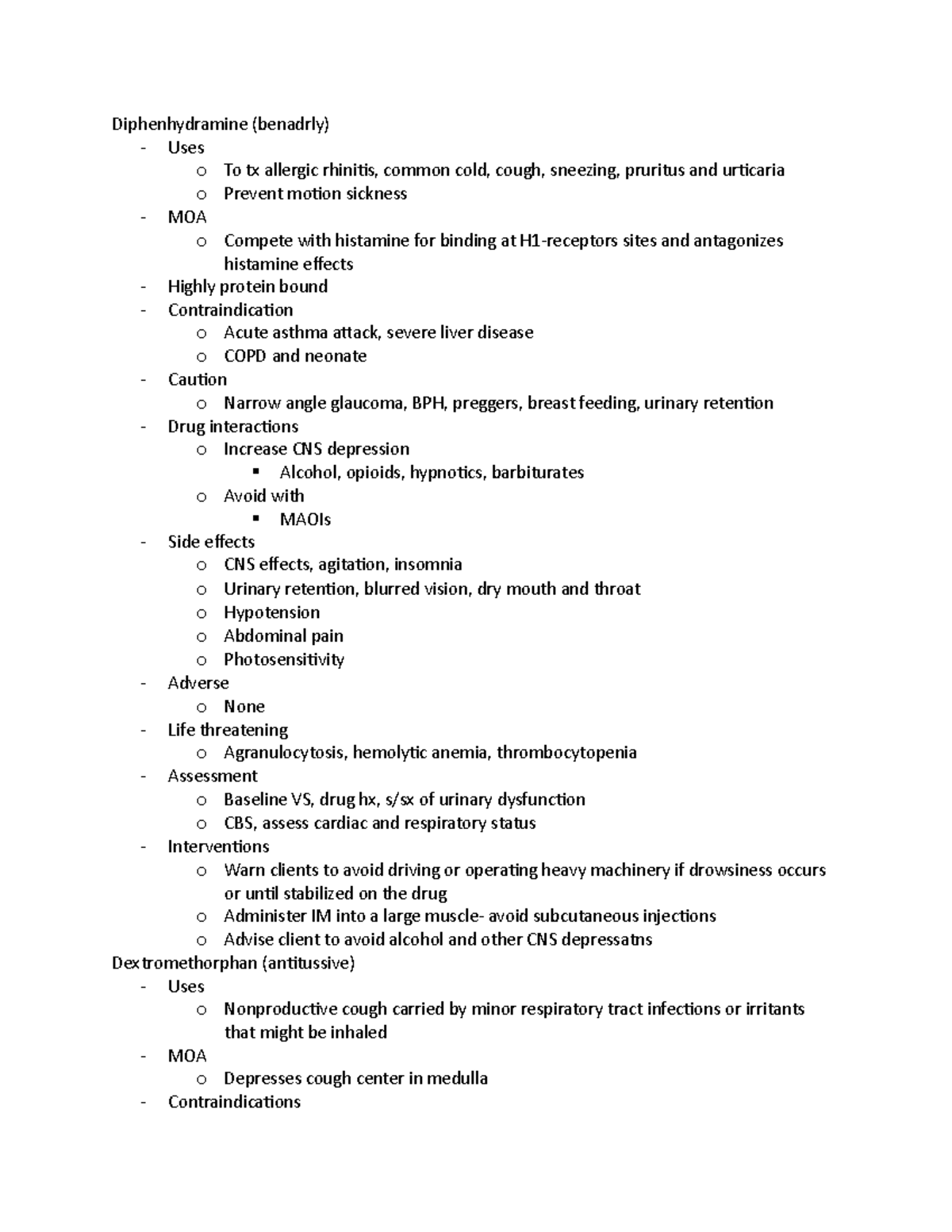 Diphenhydramine - notes - Diphenhydramine (benadrly) - Uses o To tx ...