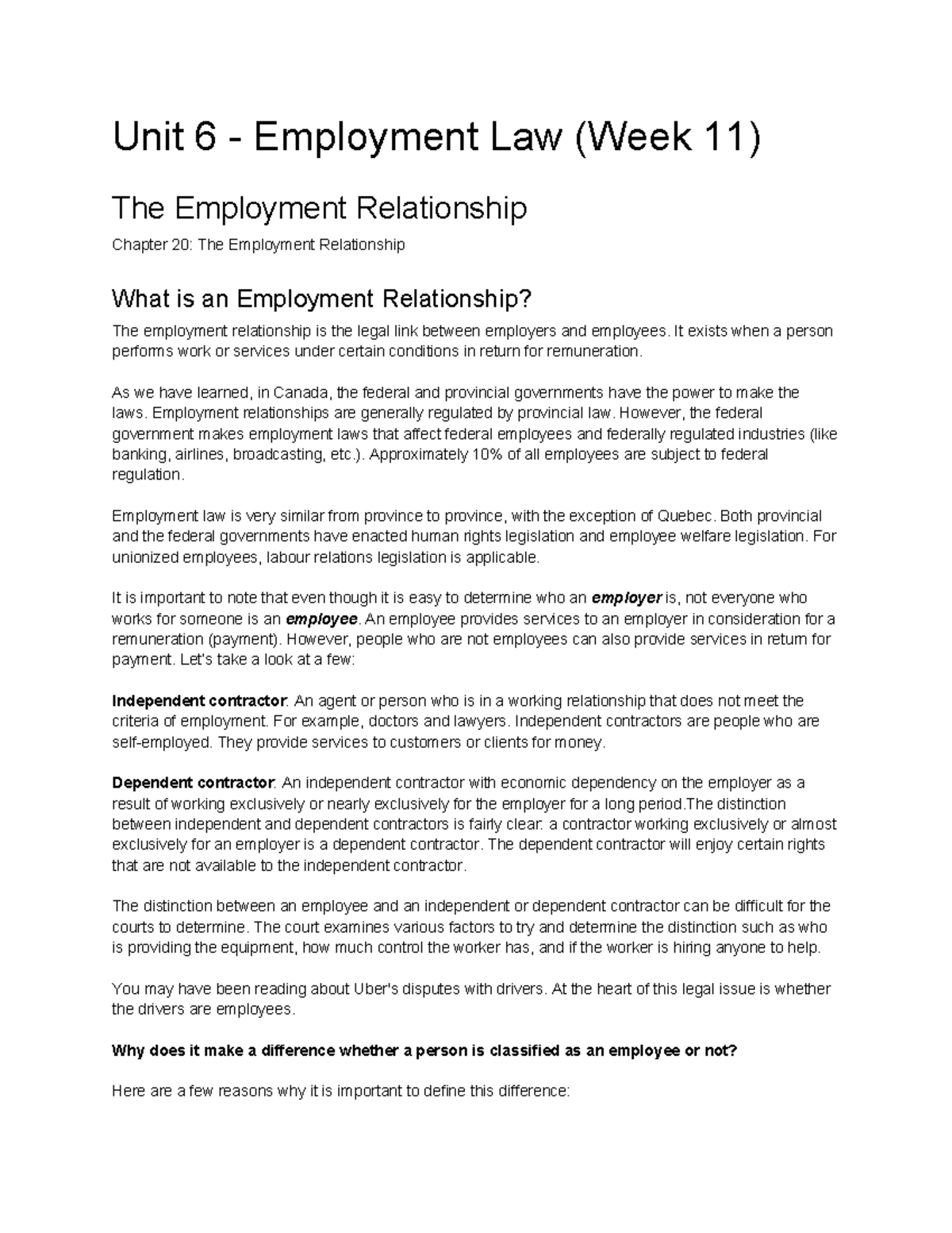 Law Unit 6 - Law Unit 6 - Unit 6 - Employment Law (Week 11) The ...