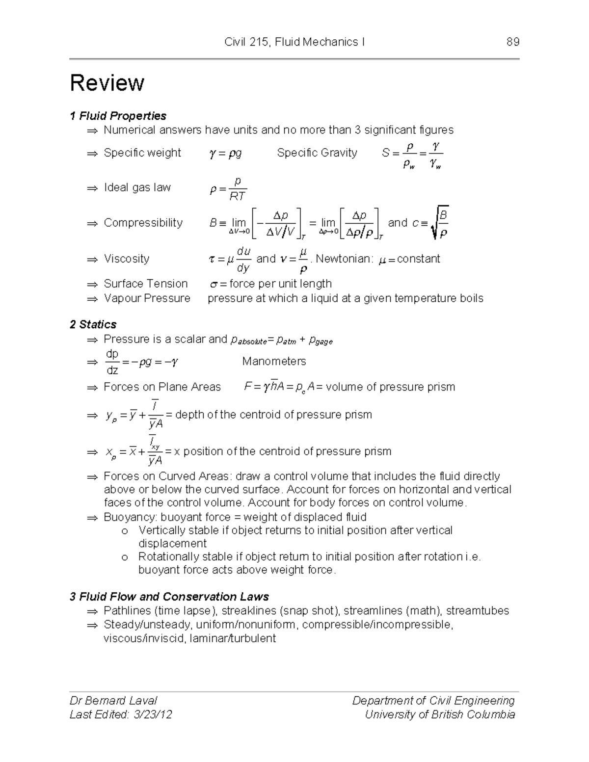 CIVL215 Full Formula Sheet + Review Notes - Civil 215, Fluid Mechanics ...