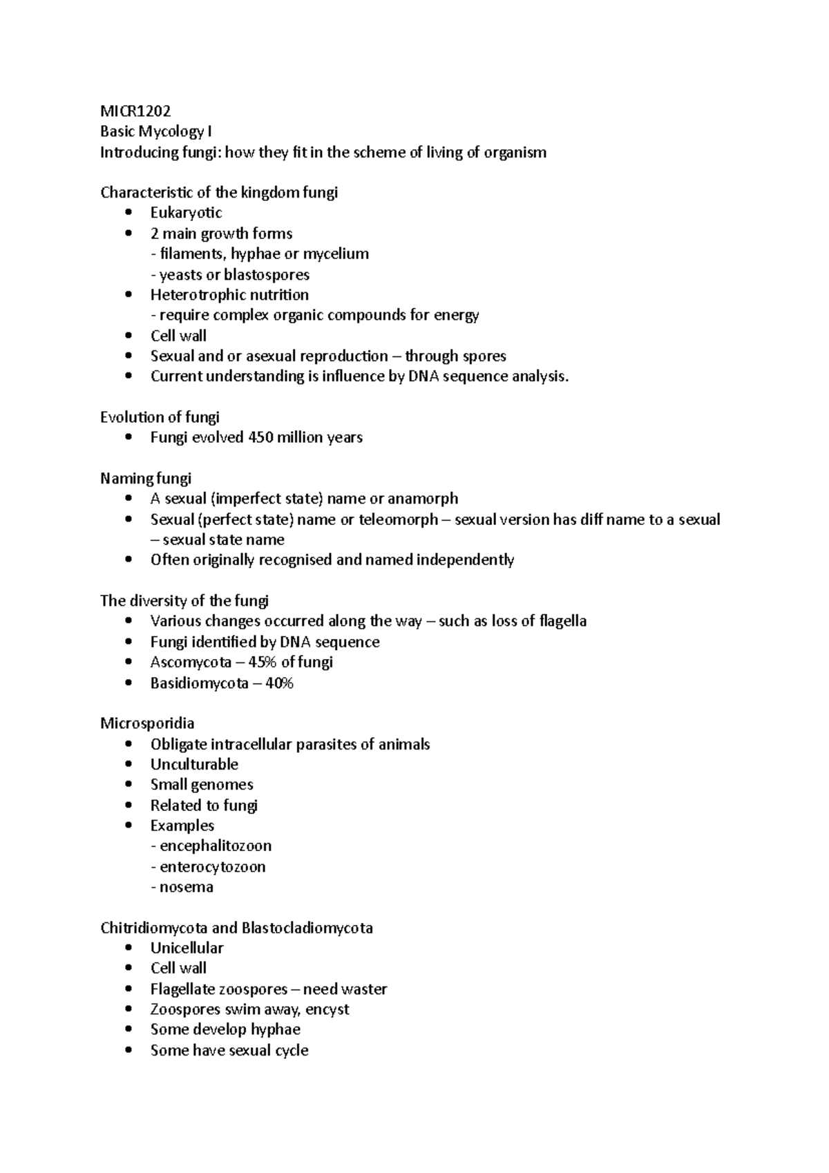 Basic mycology I - micr1202 introduction to microbiology notes - MICR ...