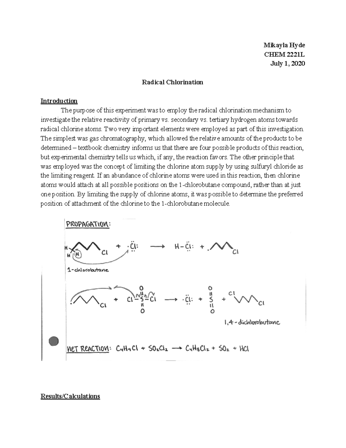 Experiment 8 Lab Report - Mikayla Hyde CHEM 2221L July 1, 2020 Radical ...