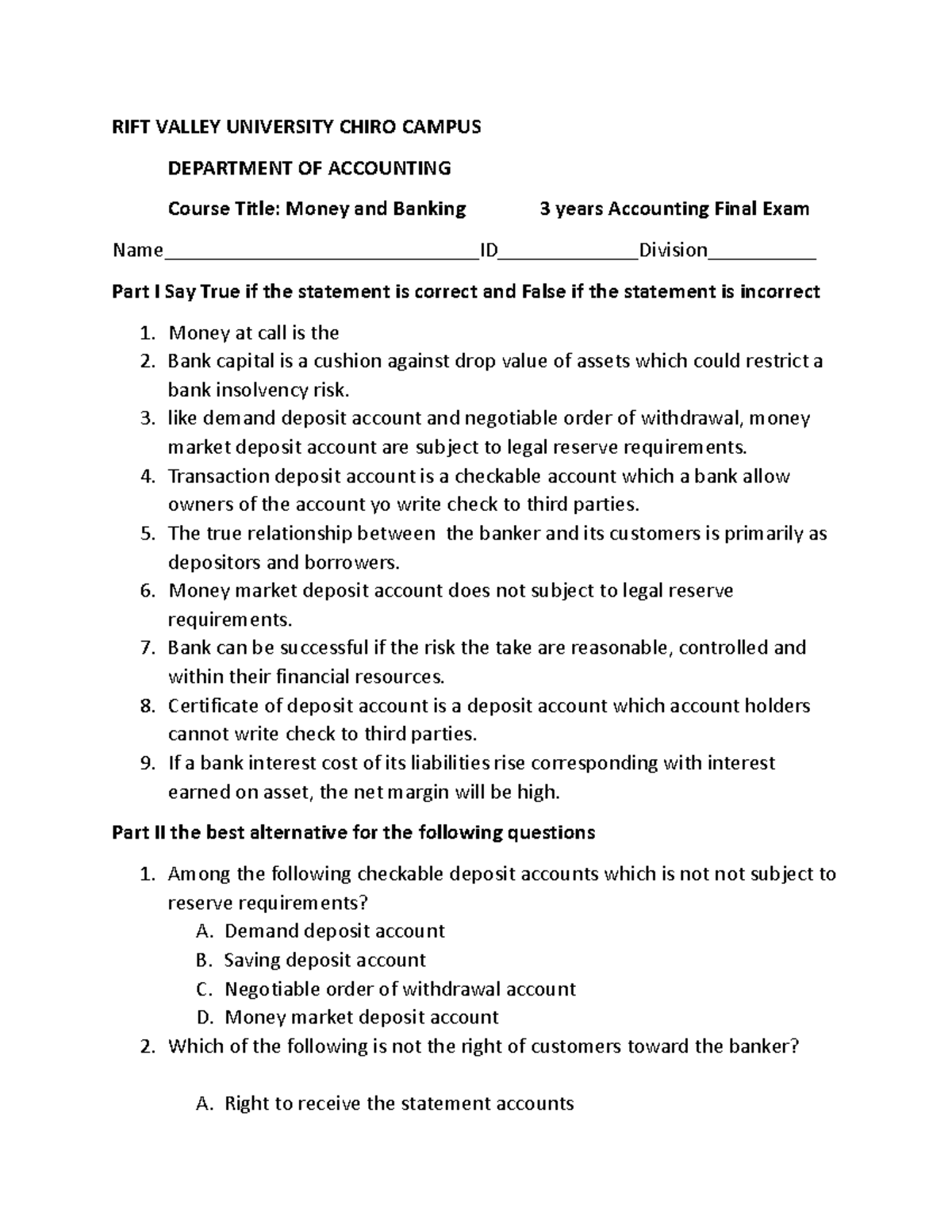 Money and Banking Final exam RIFT VALLEY UNIVERSITY CHIRO CAMPUS