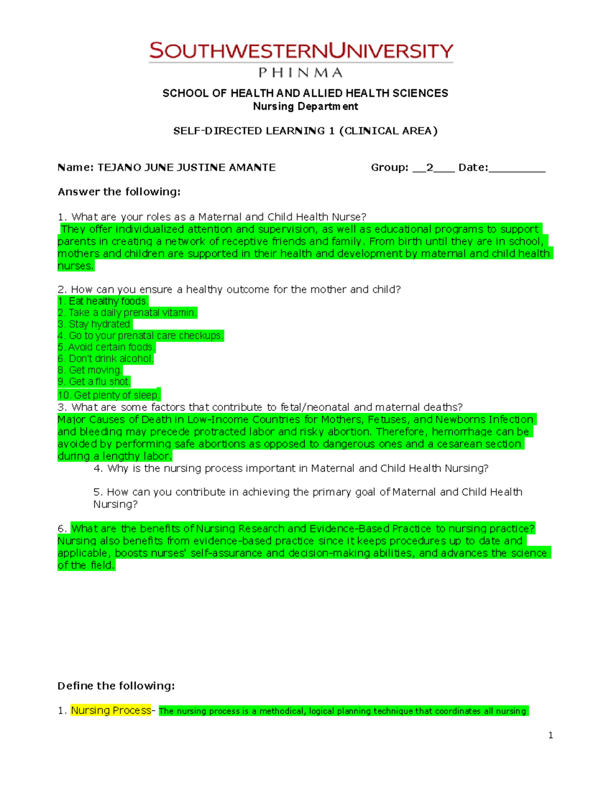 SDL1 - source - SCHOOL OF HEALTH AND ALLIED HEALTH SCIENCES Nursing ...